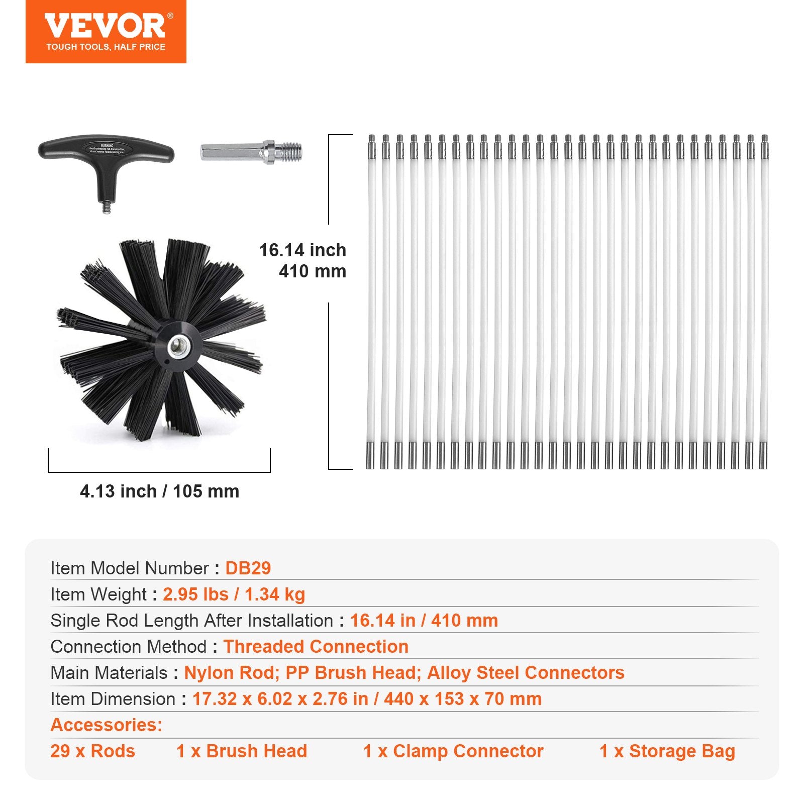 Commercial Cleaning Equipment: VEVOR 12.2M Dryer Vent Cleaner Kit, 29 Pieces Duct Cleaning Brush, Reinforced Nylon Dryer Vent Brush, Dryer Cleaning Tools Lint Remover with Flexible Lint Trap Brush, Clamp Connectors