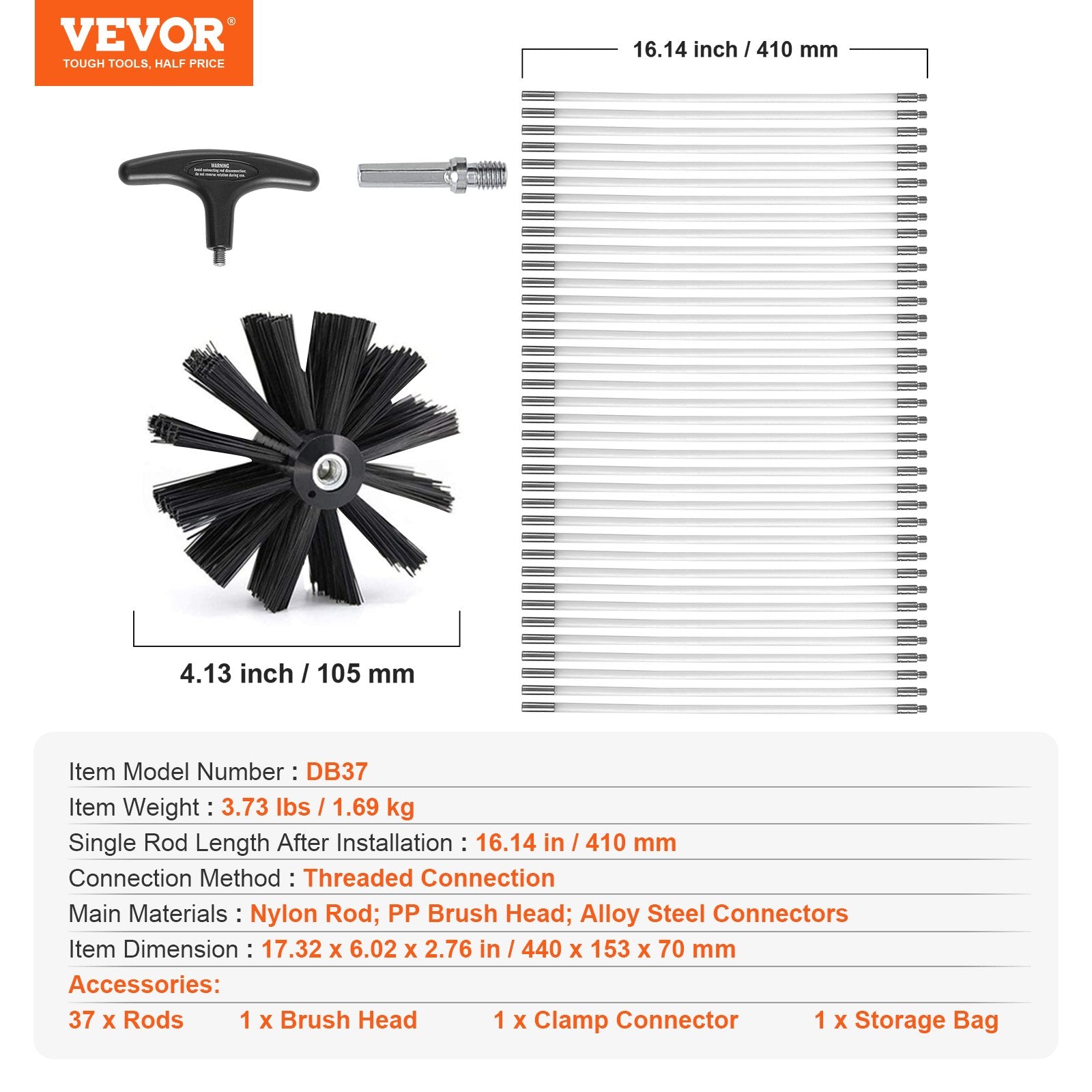 Commercial Cleaning Equipment: VEVOR 15.24M Dryer Vent Cleaner Kit, 37 Pieces Duct Cleaning Brush, Reinforced Nylon Dryer Vent Brush, Dryer Cleaning Tools Lint Remover with Flexible Lint Trap Brush, Clamp Connectors