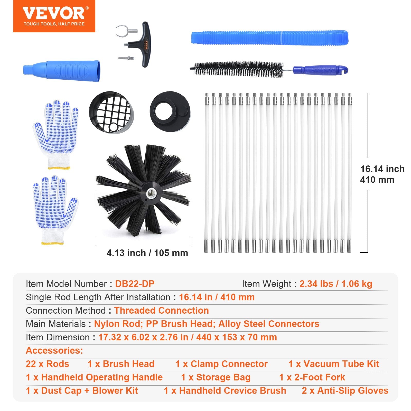 Commercial Cleaning Equipment: VEVOR 914.4CM Dryer Vent Cleaner Kit, 22 Pieces Duct Cleaning Brush, Reinforced Nylon Dryer Vent Brush with Complete Accessories, Dryer Cleaning Kit with Flexible Lint Trap Brush, Clamp Connectors