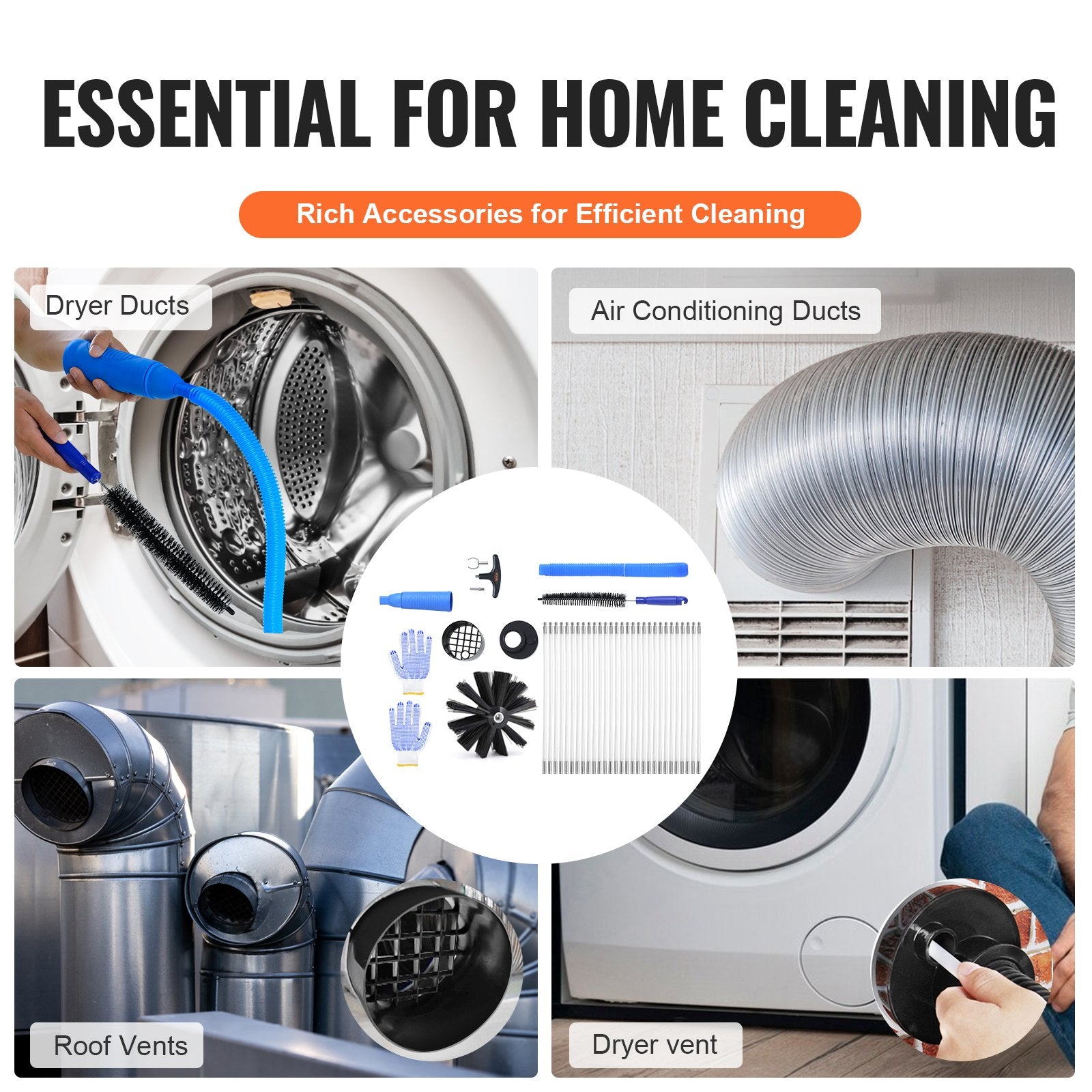 Commercial Cleaning Equipment: VEVOR 12.2M Dryer Vent Cleaner Kit, 29 Pieces Duct Cleaning Brush, Reinforced Nylon Dryer Vent Brush with Complete Accessories, Dryer Cleaning Kit with Flexible Lint Trap Brush, Clamp Connectors