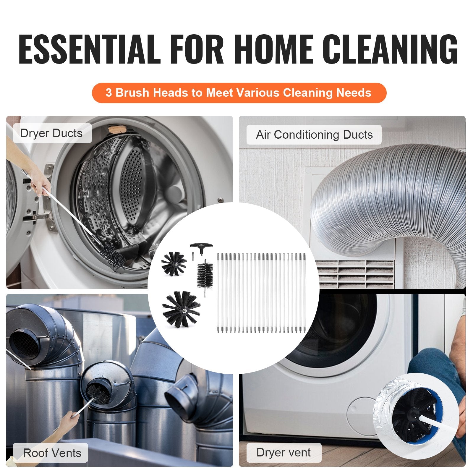 Commercial Cleaning Equipment: VEVOR 22 Pieces 9.1M Dryer Vent Cleaner Kit, Include 3 Different Sizes Flexible Lint Trap Brush, Reinforced Nylon Duct Cleaning Dryer Vent Brush, Dryer Cleaning Kit with Clamp Connectors