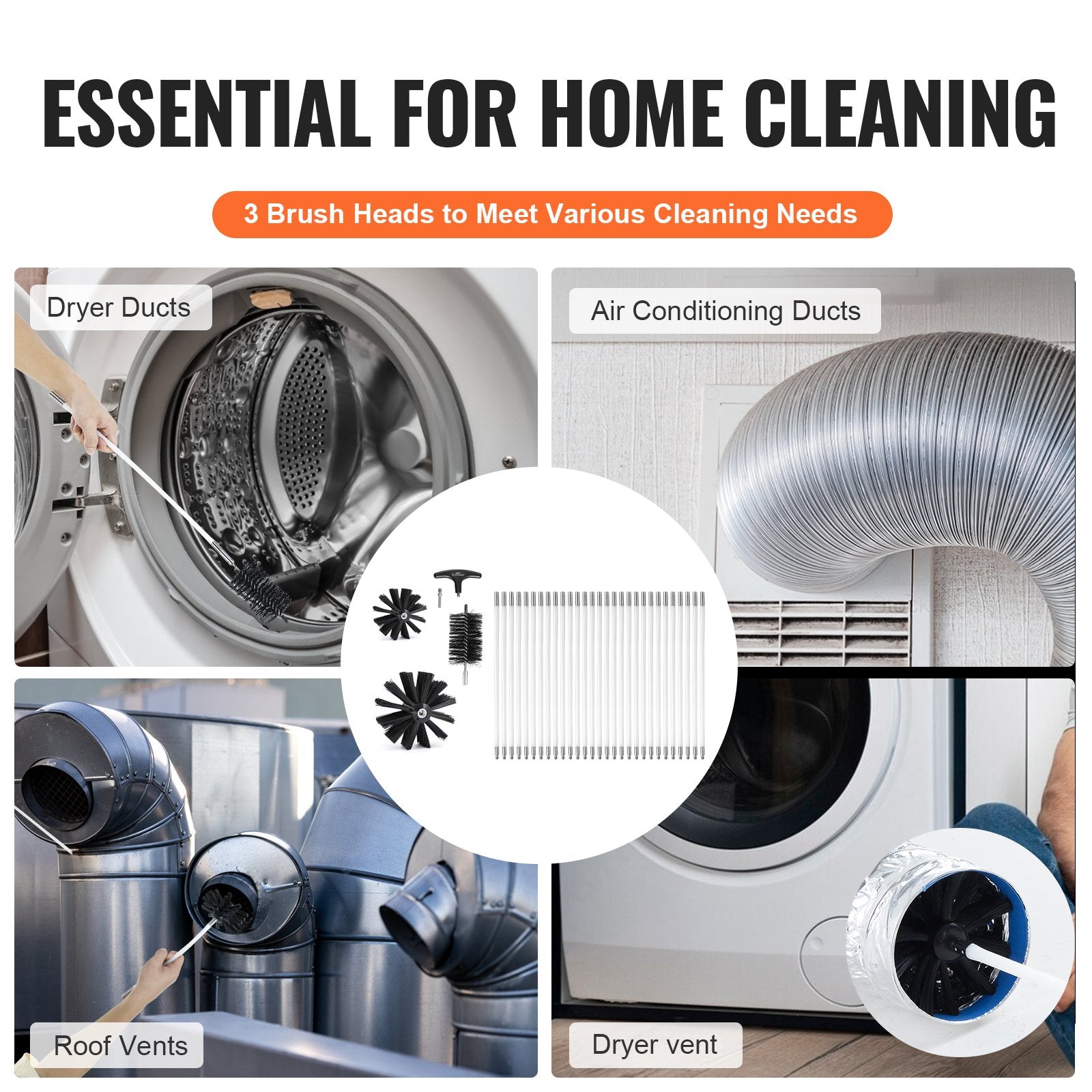 Commercial Cleaning Equipment: VEVOR 29 Pieces 12.2M Dryer Vent Cleaner Kit, Include 3 Different Sizes Flexible Lint Trap Brush, Reinforced Nylon Duct Cleaning Dryer Vent Brush, Dryer Cleaning Kit with Clamp Connectors