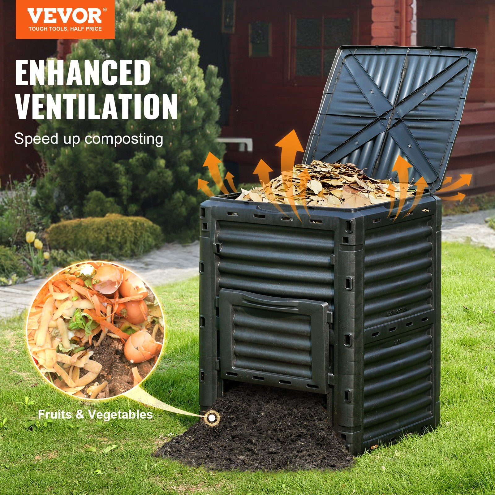 Garden Compost Bin 300 L, BPA Free Composter, Large Capacity Outdoor Composting Bin with Top Lid and Bottom Door, Easy Assembling, Lightweight, Fast Creation of Fertile Soil