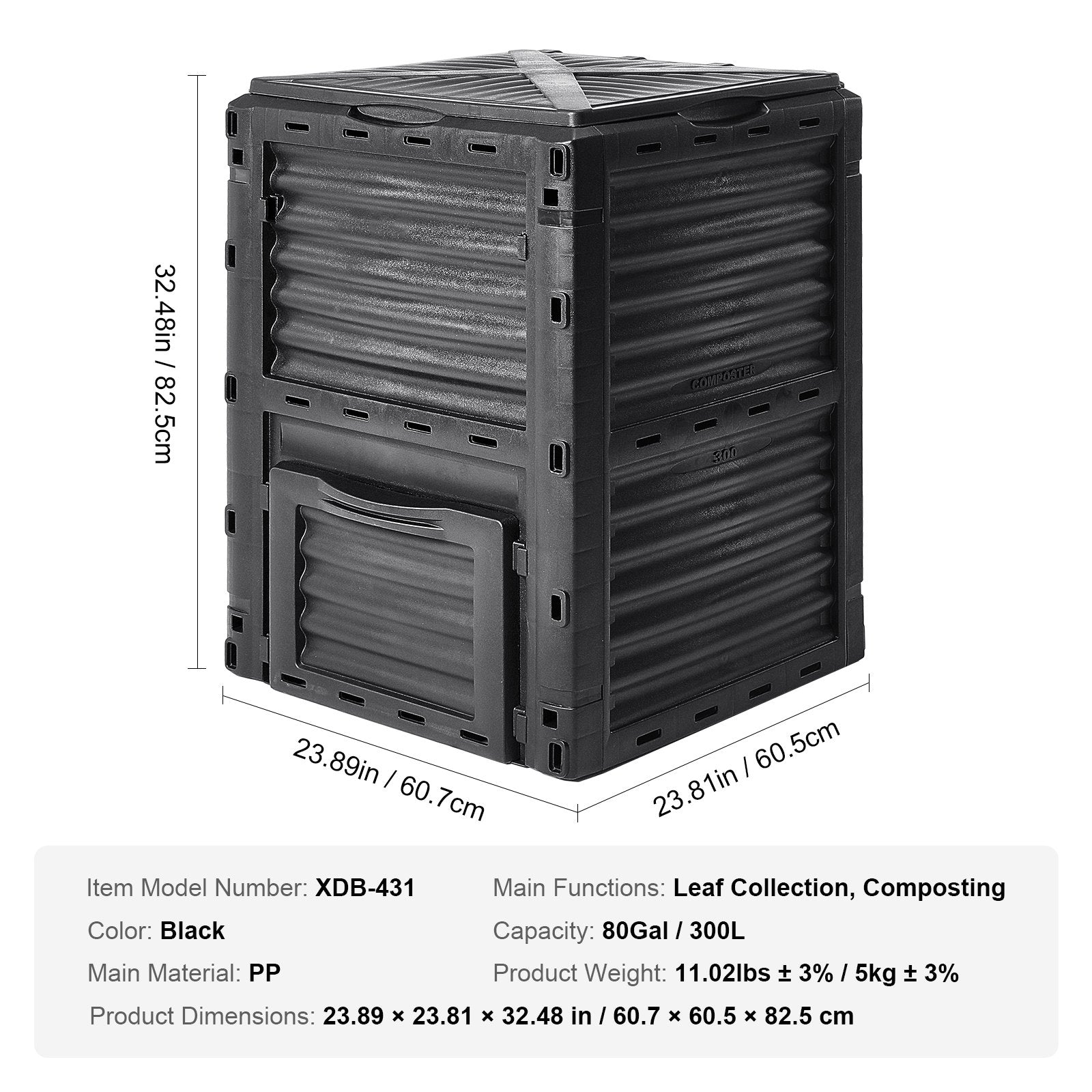 Garden Compost Bin 300 L, BPA Free Composter, Large Capacity Outdoor Composting Bin with Top Lid and Bottom Door, Easy Assembling, Lightweight, Fast Creation of Fertile Soil