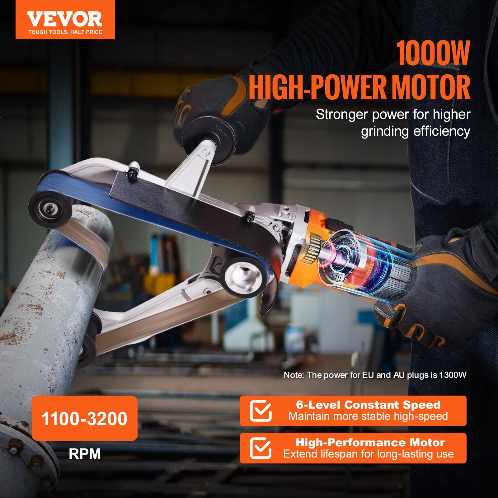 Pipe Tube Polisher Sander, 1300W Pipe Belt Sander with 6 Variable Speeds 1100-3200rpm, Professional Belt Sander Grinding Machine with 50PCS Sanding Belts for Burnishing Finishing Rust Removal