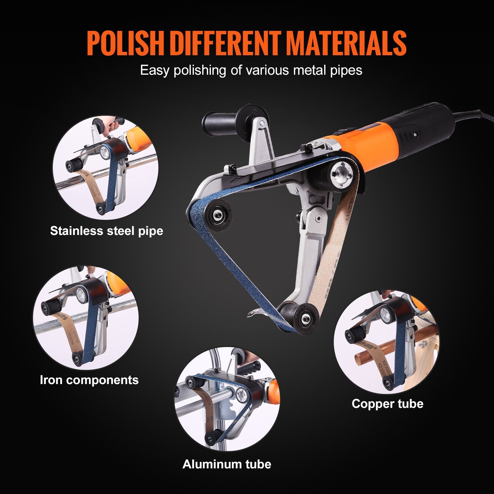 Pipe Tube Polisher Sander, 1300W Pipe Belt Sander with 6 Variable Speeds 1100-3200rpm, Professional Belt Sander Grinding Machine with 50PCS Sanding Belts for Burnishing Finishing Rust Removal