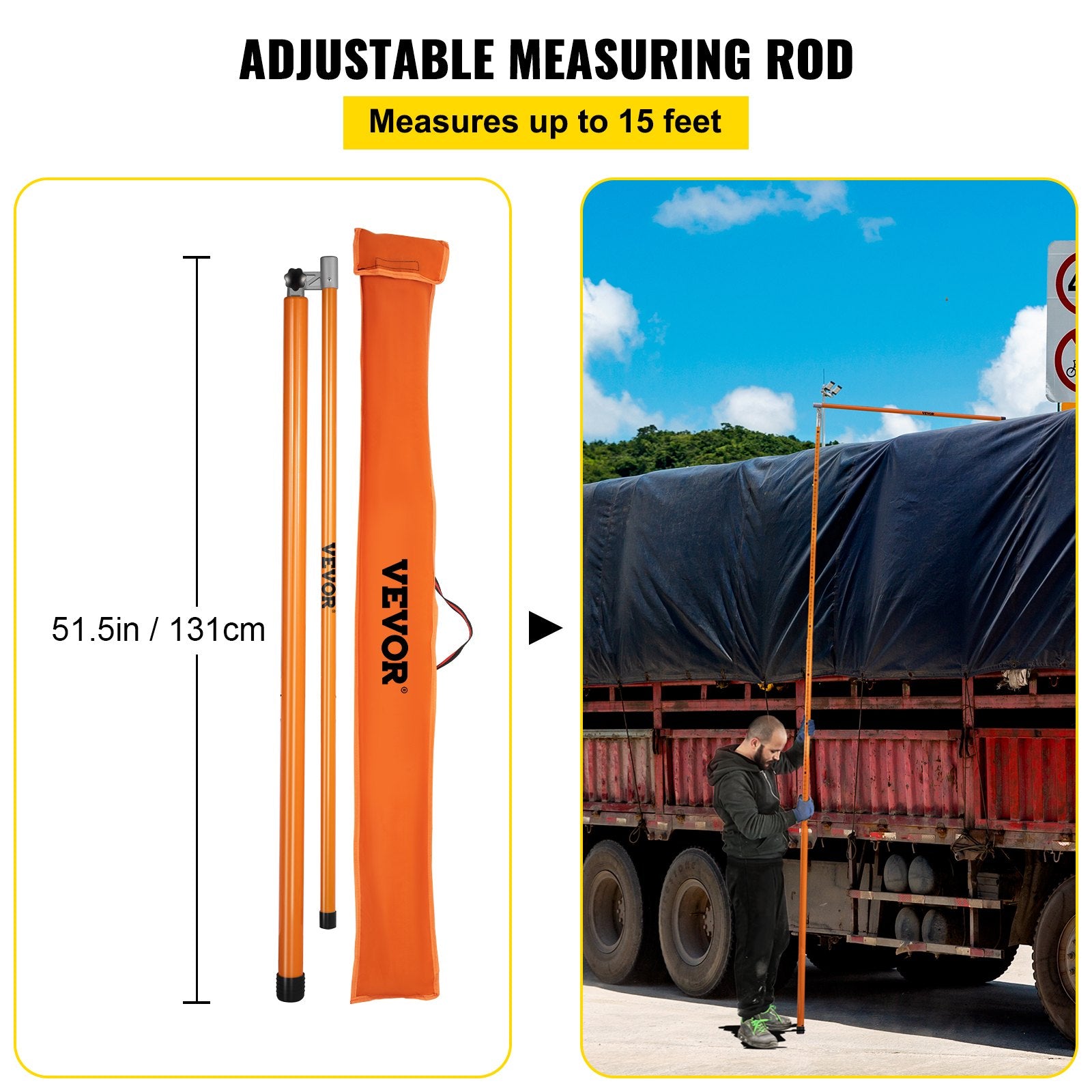 Measuring Tools & Sensors: VEVOR Load Height Measuring Stick, 15\' Sturdy Fiberglass Truck Height Stick with Adjustable Pole, Non-conductive Truck Height Measuring Stick with Carrying Bag, Height Stick for Trucks, Car Haulers