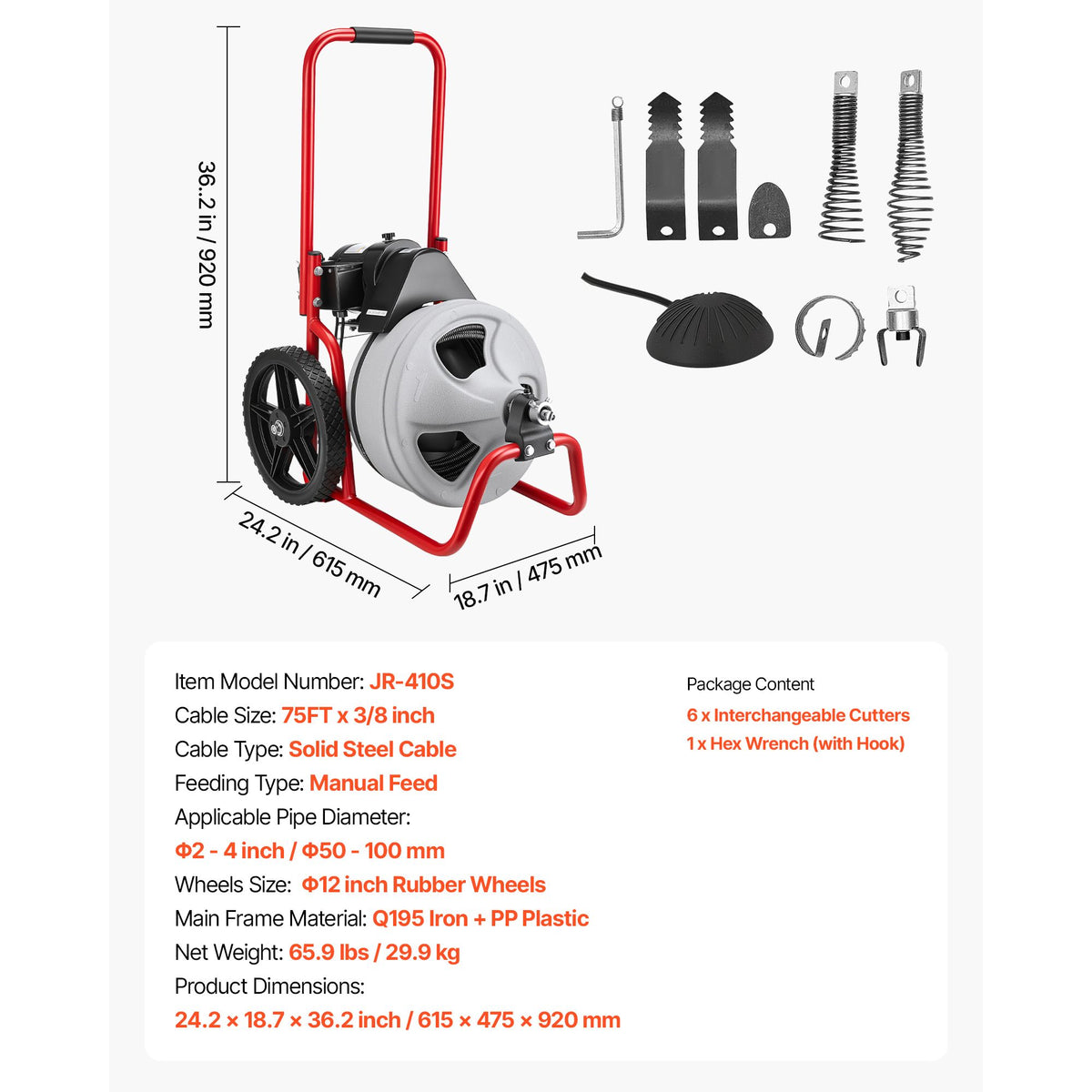 Drain Cleaner Machine 22m x 9.5mm, Sewer Snake Auger Manual Feed on Wheels, Portable Drain Cleaning Machine with 6 Cutters & Air-activated Foot Switch for 50mm to 100mm Pipes