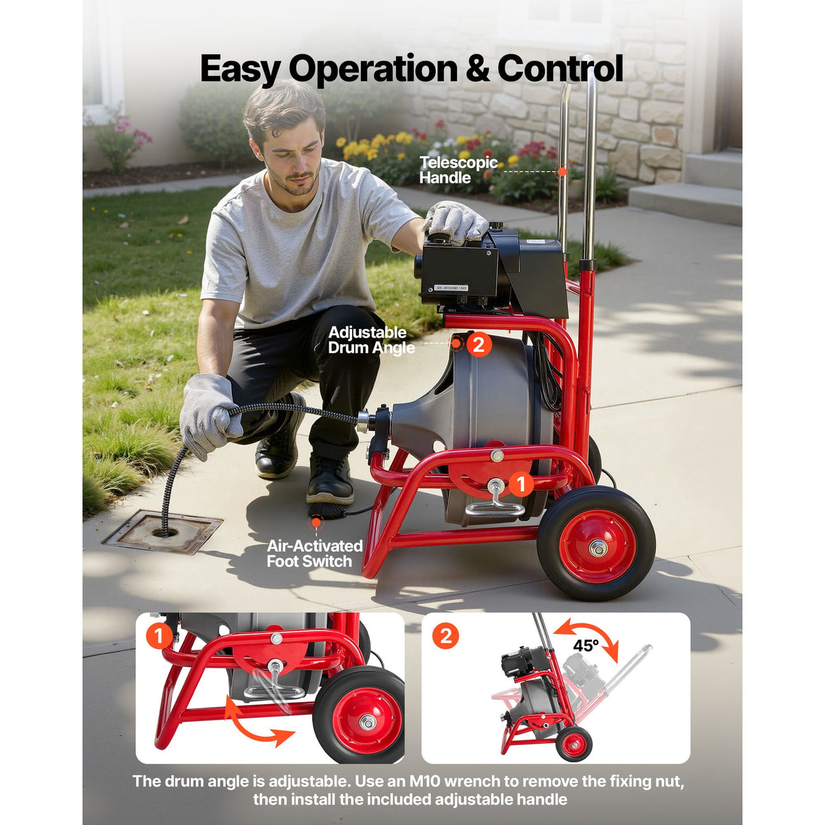 Drain Cleaner Machine 22m x 9.5mm, Sewer Snake Auger on Wheels, Manual Feed Drain Cleaning Machine with Adjustable Drum Angle, 6 Cutters & Air-activated Foot Switch for 50mm to 100mm Pipes