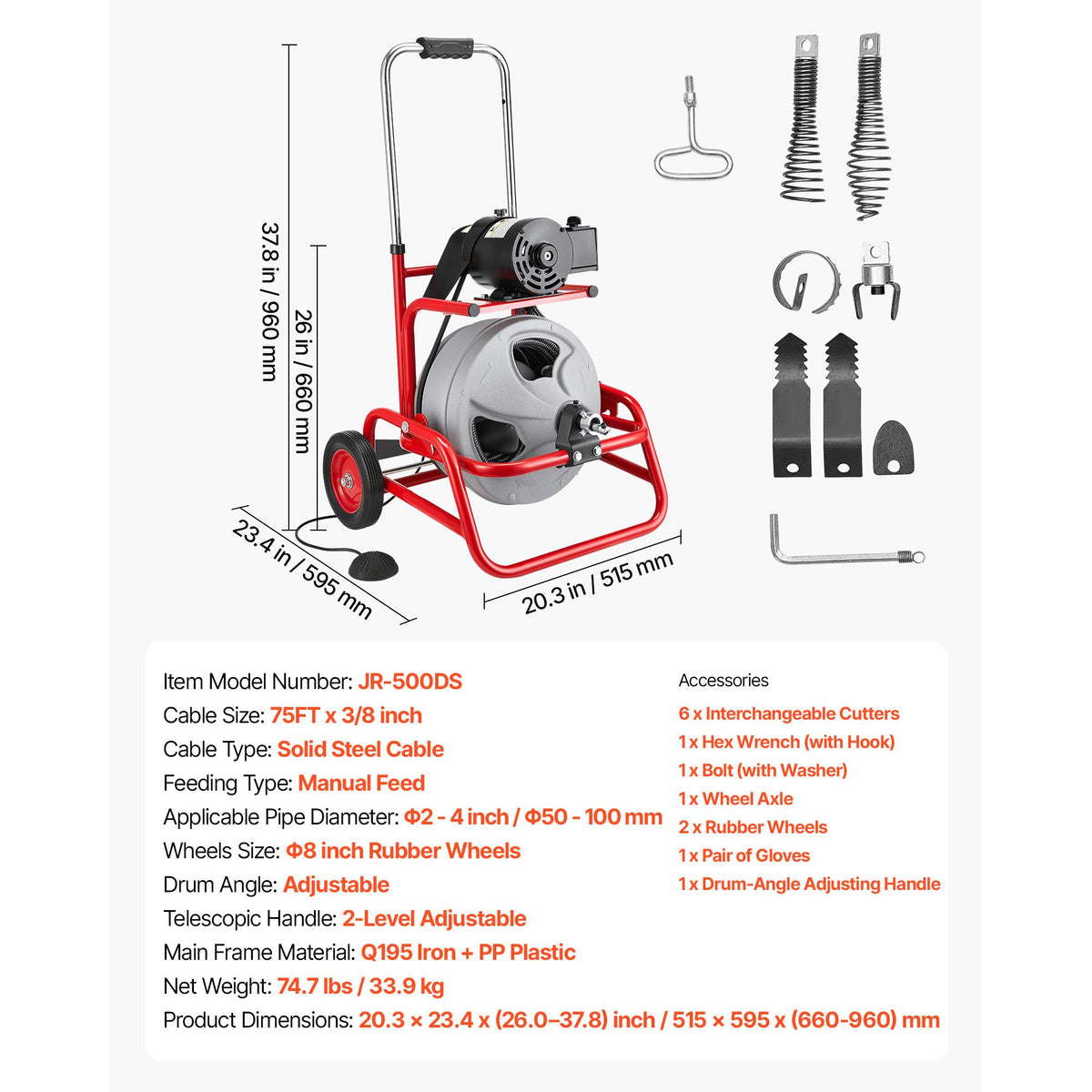 Drain Cleaner Machine 22m x 9.5mm, Sewer Snake Auger on Wheels, Manual Feed Drain Cleaning Machine with Adjustable Drum Angle, 6 Cutters & Air-activated Foot Switch for 50mm to 100mm Pipes
