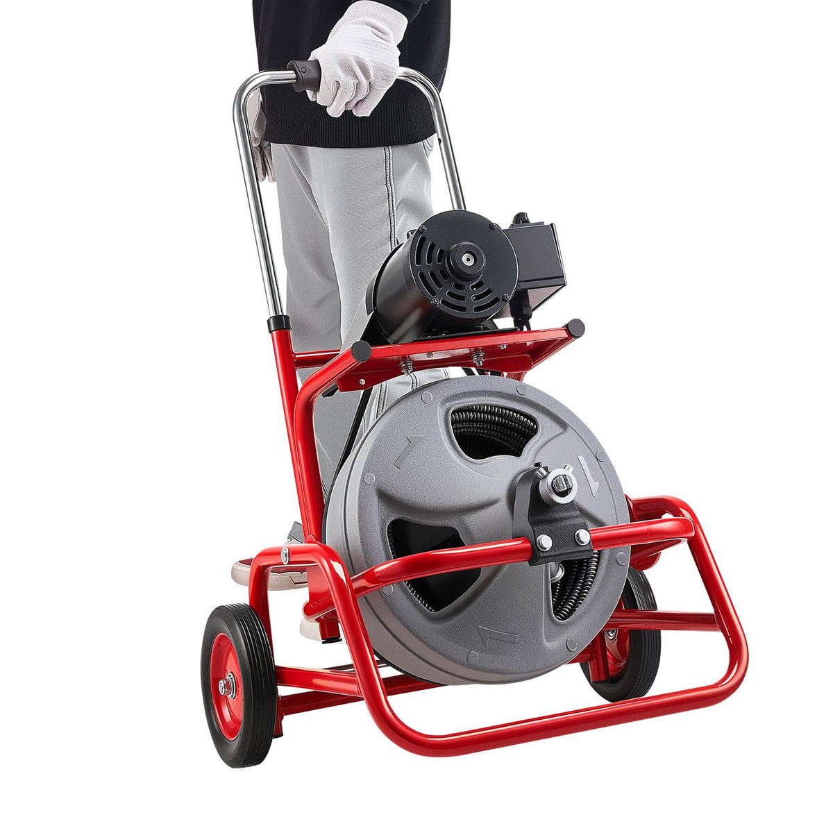 Drain Cleaner Machine 22m x 9.5mm, Sewer Snake Auger on Wheels, Manual Feed Drain Cleaning Machine with Adjustable Drum Angle, 6 Cutters & Air-activated Foot Switch for 50mm to 100mm Pipes