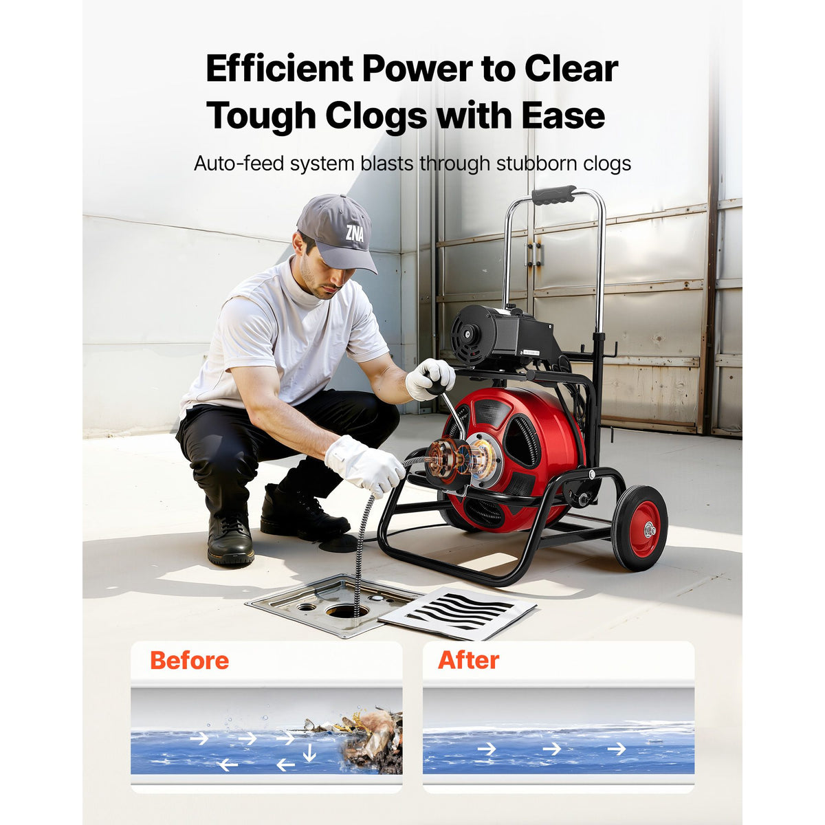 Drain Cleaner Machine 22m x 12.7mm, Auto Feed Sewer Snake Auger, Portable Drain Cleaning Machine with Climbing Wheels, Adjustable Drum, 8 Cutters & Foot Switch for 50mm to 150mm Pipes