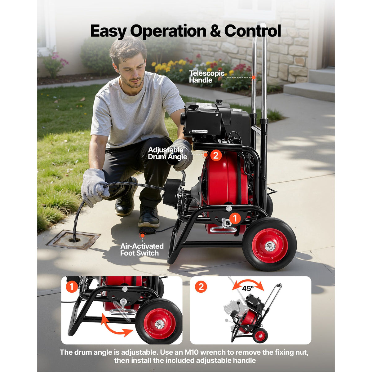 Drain Cleaner Machine 22m x 12.7mm, Auto Feed Sewer Snake Auger, Portable Drain Cleaning Machine with Climbing Wheels, Adjustable Drum, 8 Cutters & Foot Switch for 50mm to 150mm Pipes