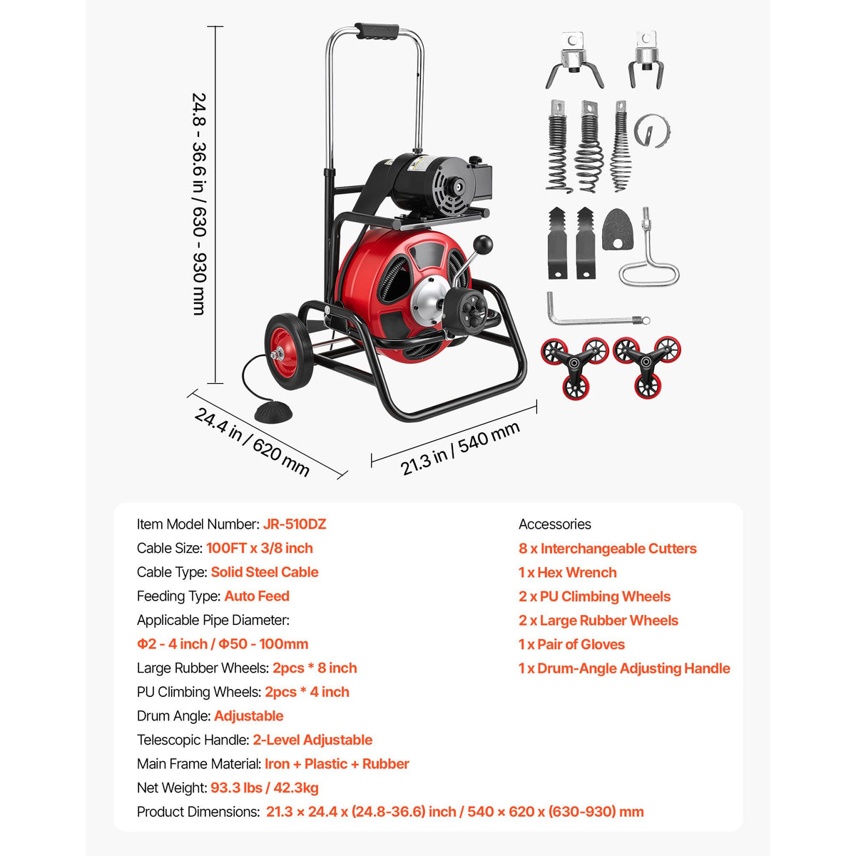 Drain Cleaner Machine 30m x 9.5mm, Auto Feed Sewer Snake Auger, Portable Drain Cleaning Machine with Climbing Wheels, Adjustable Drum, 8 Cutters & Foot Switch for 50mm to 100mm Pipes