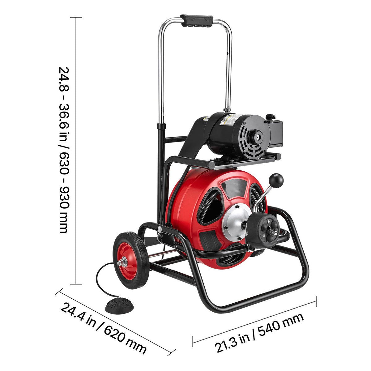 Drain Cleaner Machine 30m x 9.5mm, Auto Feed Sewer Snake Auger, Portable Drain Cleaning Machine with Climbing Wheels, Adjustable Drum, 8 Cutters & Foot Switch for 50mm to 100mm Pipes