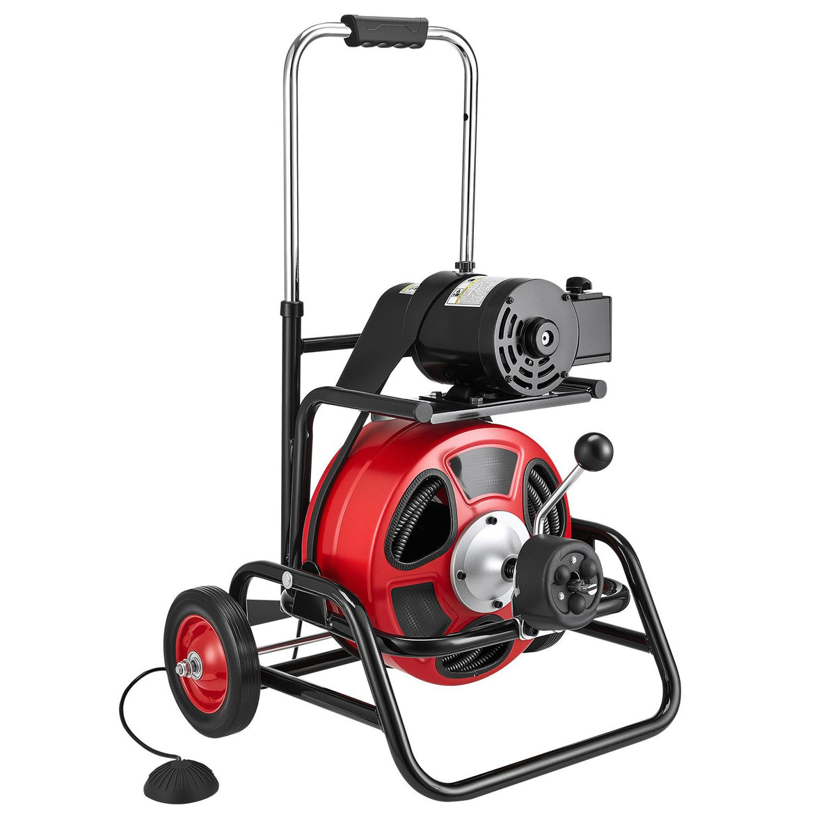 Drain Cleaner Machine 30m x 9.5mm, Auto Feed Sewer Snake Auger, Portable Drain Cleaning Machine with Climbing Wheels, Adjustable Drum, 8 Cutters & Foot Switch for 50mm to 100mm Pipes