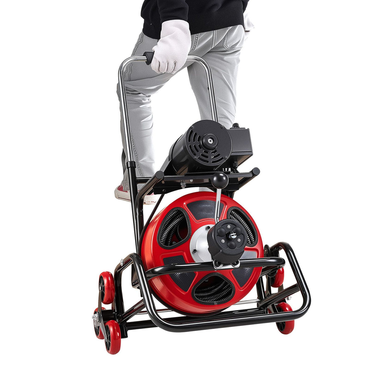 Drain Cleaner Machine 30m x 9.5mm, Auto Feed Sewer Snake Auger, Portable Drain Cleaning Machine with Climbing Wheels, Adjustable Drum, 8 Cutters & Foot Switch for 50mm to 100mm Pipes