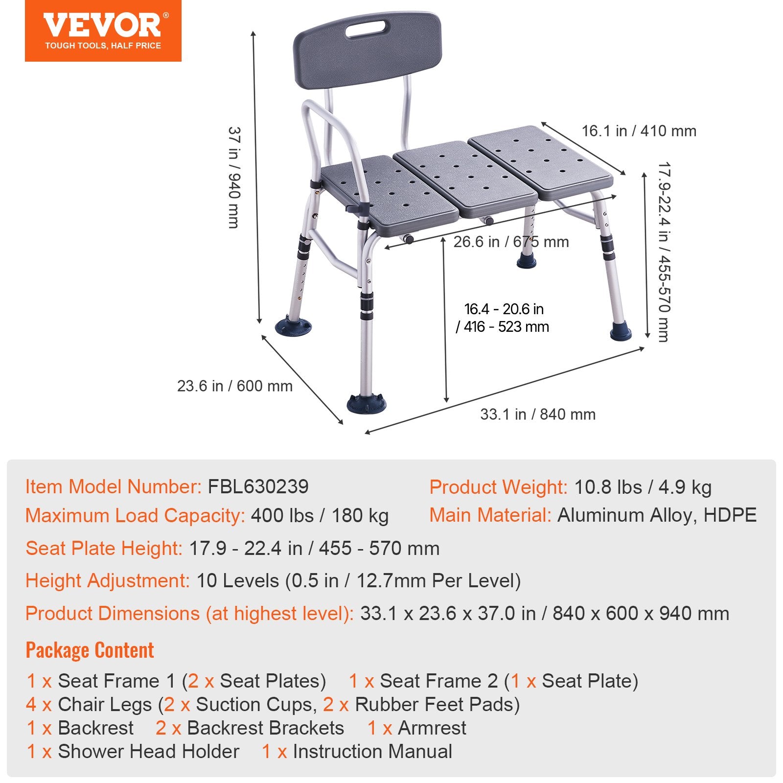 Cat Scratchers: VEVOR Tub Transfer Bench for Bathtub, Adjustable Shower Seats for Adults, Lightweight Shower Bench for Elderly and Disabled, Non-Slip Bath Seats with Armrest and Reversible Backrest, 400lbs Capacity