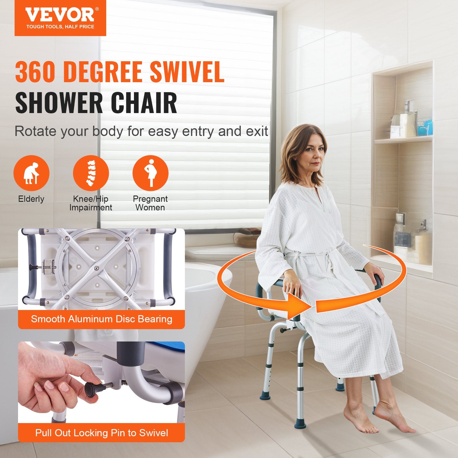 Cat Scratchers: VEVOR Swivel Shower Chair 360 Degree, Adjustable Shower Seat with Armrests and Backrest for Inside Shower or Bathtub, Non-Slip Rotating Bathtub Chair Seat for Elderly Disabled Injured, 400lbs Capacity