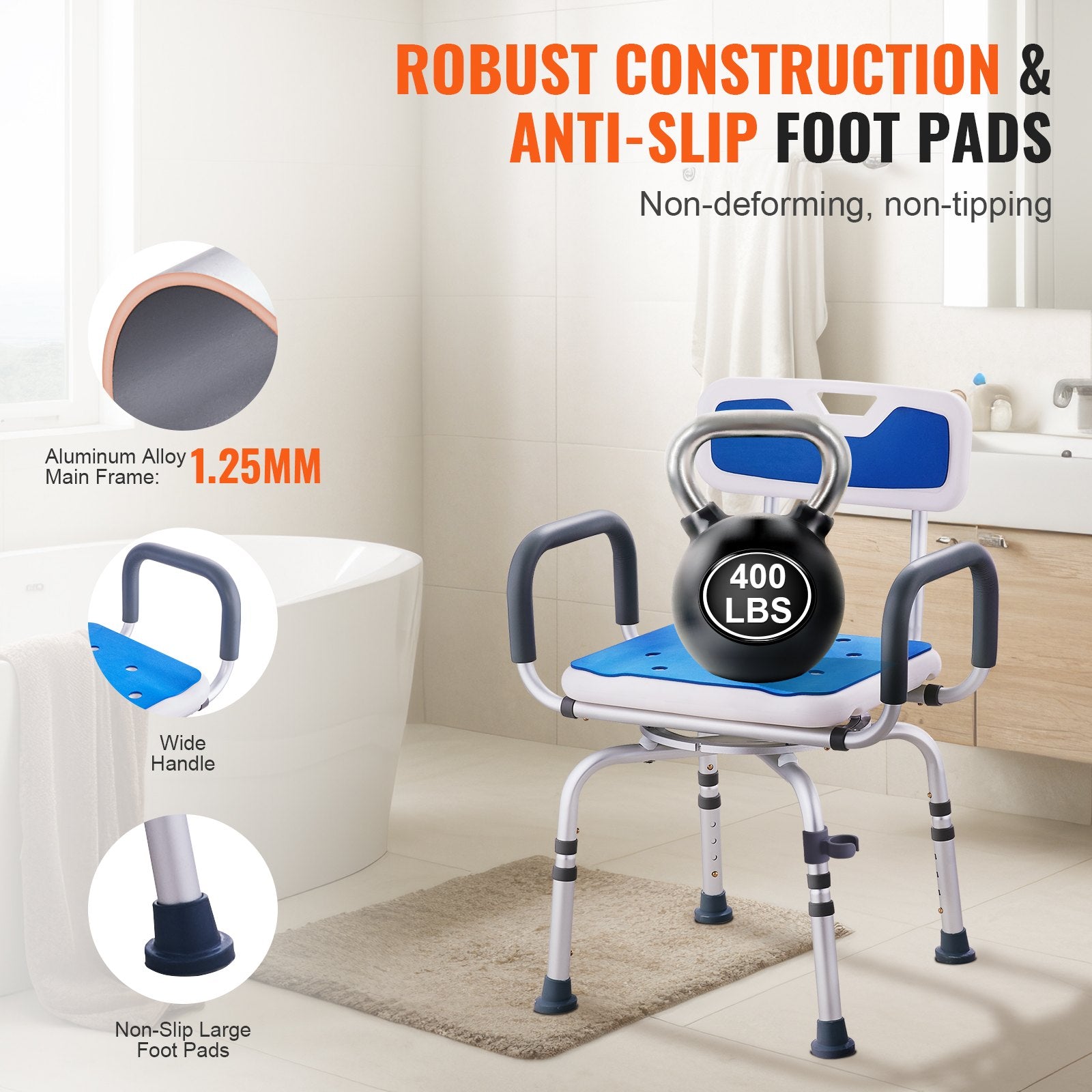 Cat Scratchers: VEVOR Swivel Shower Chair 360 Degree, Adjustable Shower Seat with Armrests and Backrest for Inside Shower or Bathtub, Non-Slip Rotating Bathtub Chair Seat for Elderly Disabled Injured, 400lbs Capacity