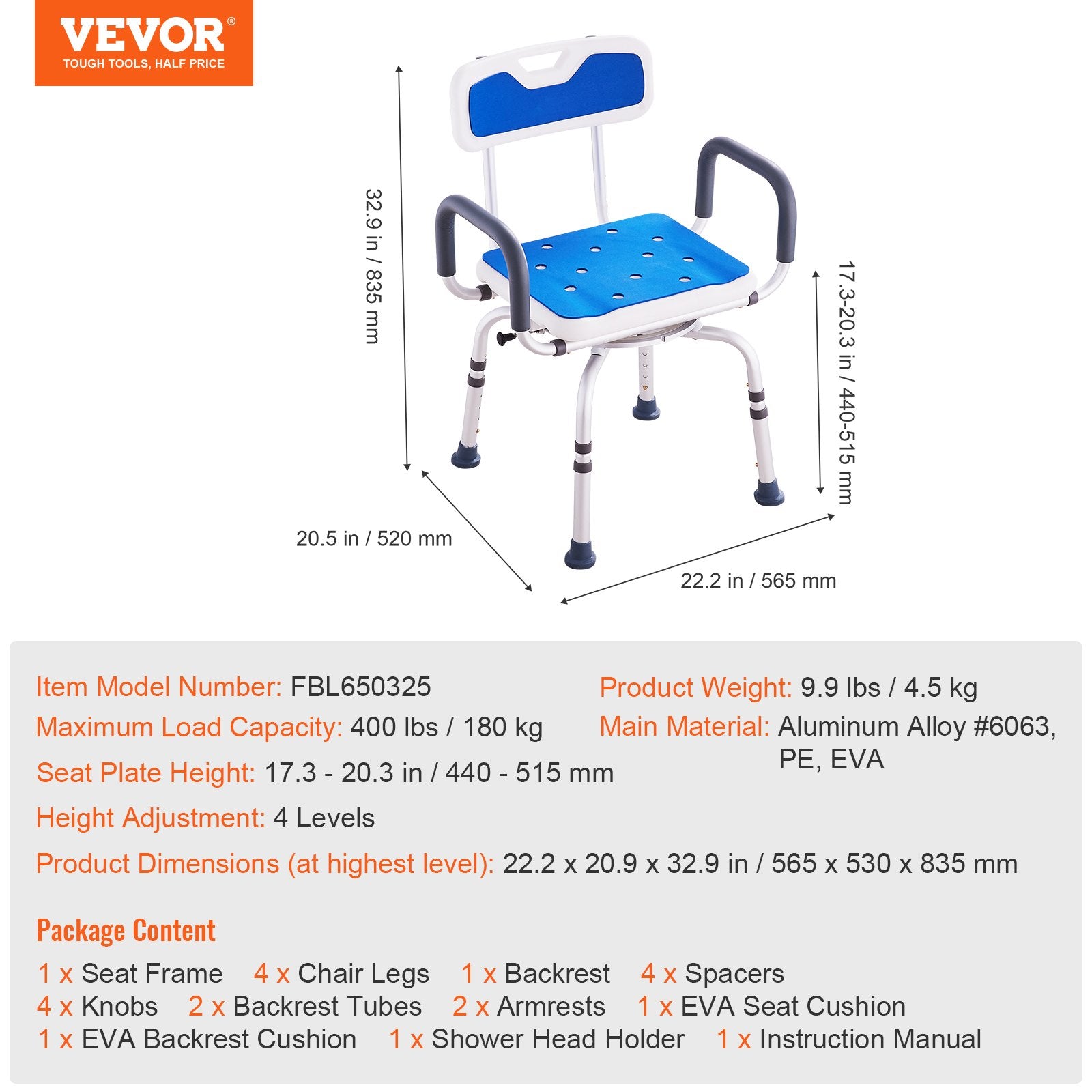 Cat Scratchers: VEVOR Swivel Shower Chair 360 Degree, Adjustable Shower Seat with Armrests and Backrest for Inside Shower or Bathtub, Non-Slip Rotating Bathtub Chair Seat for Elderly Disabled Injured, 400lbs Capacity