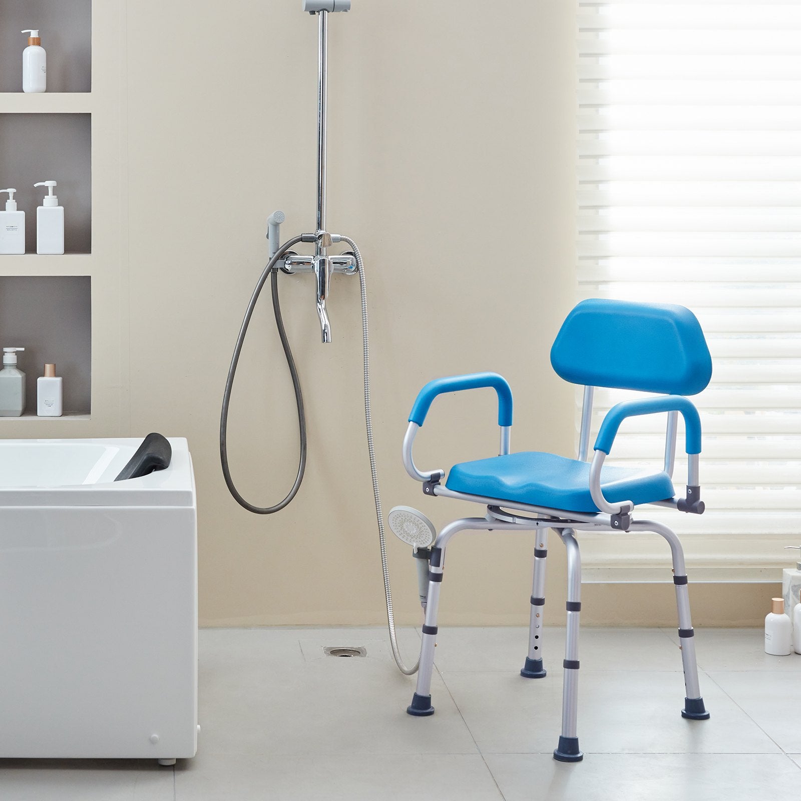 Swivel Shower Chair 360 Degree, Adjustable Shower Seat with Pivoting Arms & Padded Bath Seat for Inside Shower or Tub, Non-Slip Rotating Bathtub Chair for Elderly Disabled, 300LBS Capacity