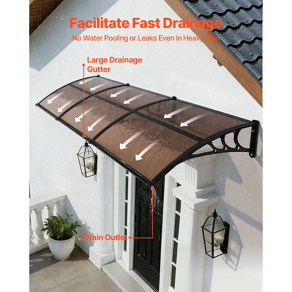 Awnings for Door Entrance, 965 x 2957 mm, Exterior Front Door Window Awnings with Drainage & ABS Bracket, Rain Snow Sun Protection, Overhang Polycarbonate Door Canopy for Porch Patio, Brown