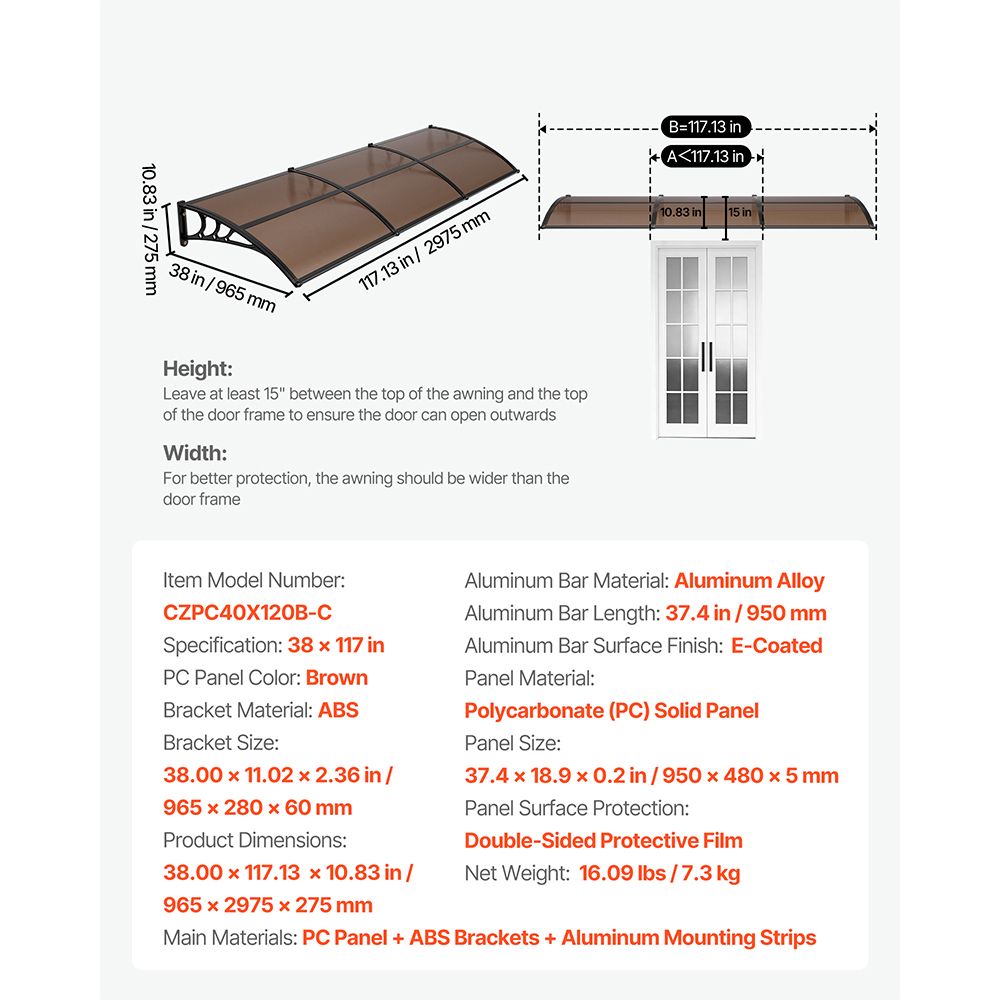 Awnings for Door Entrance, 965 x 2957 mm, Exterior Front Door Window Awnings with Drainage & ABS Bracket, Rain Snow Sun Protection, Overhang Polycarbonate Door Canopy for Porch Patio, Brown