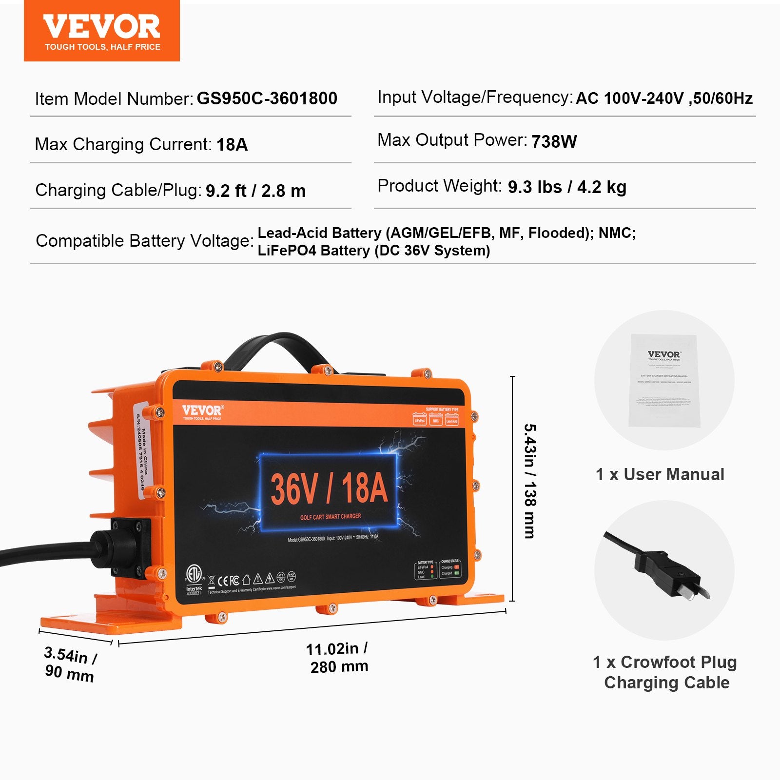 Power Banks & Chargers: VEVOR Golf Cart Battery Charger, 18 AMP, Smart Club Car Charger with Crowfoot Plug, Compatible with Lead-Acid AGM/GEL/EFB MF NMC LiFePO4 Batteries for Club Car EZGO Yamaha, IP67 ETL Certified