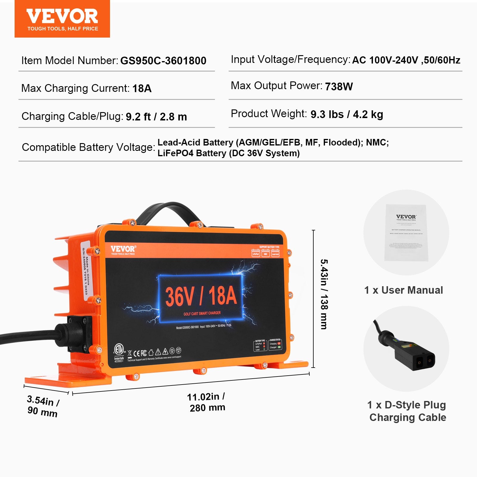 Fuel & Exhaust: VEVOR 18 AMP Golf Cart Smart Battery Charger for EZGO D-Style IP67 ETL
