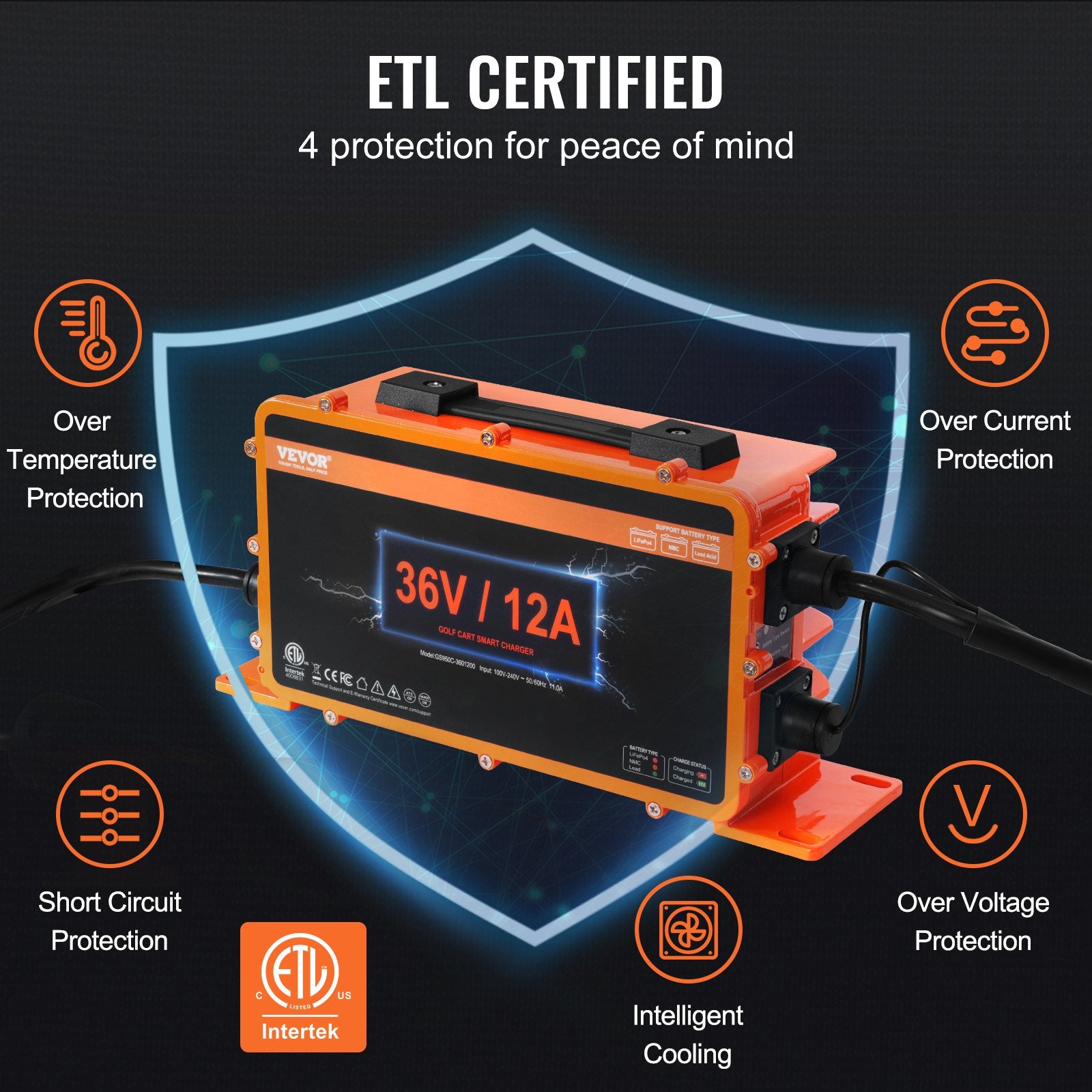 Automotive Repair & Speciality Tools: VEVOR 12 AMP Golf Cart Smart Battery Charger for EZGO D-Style IP67 ETL