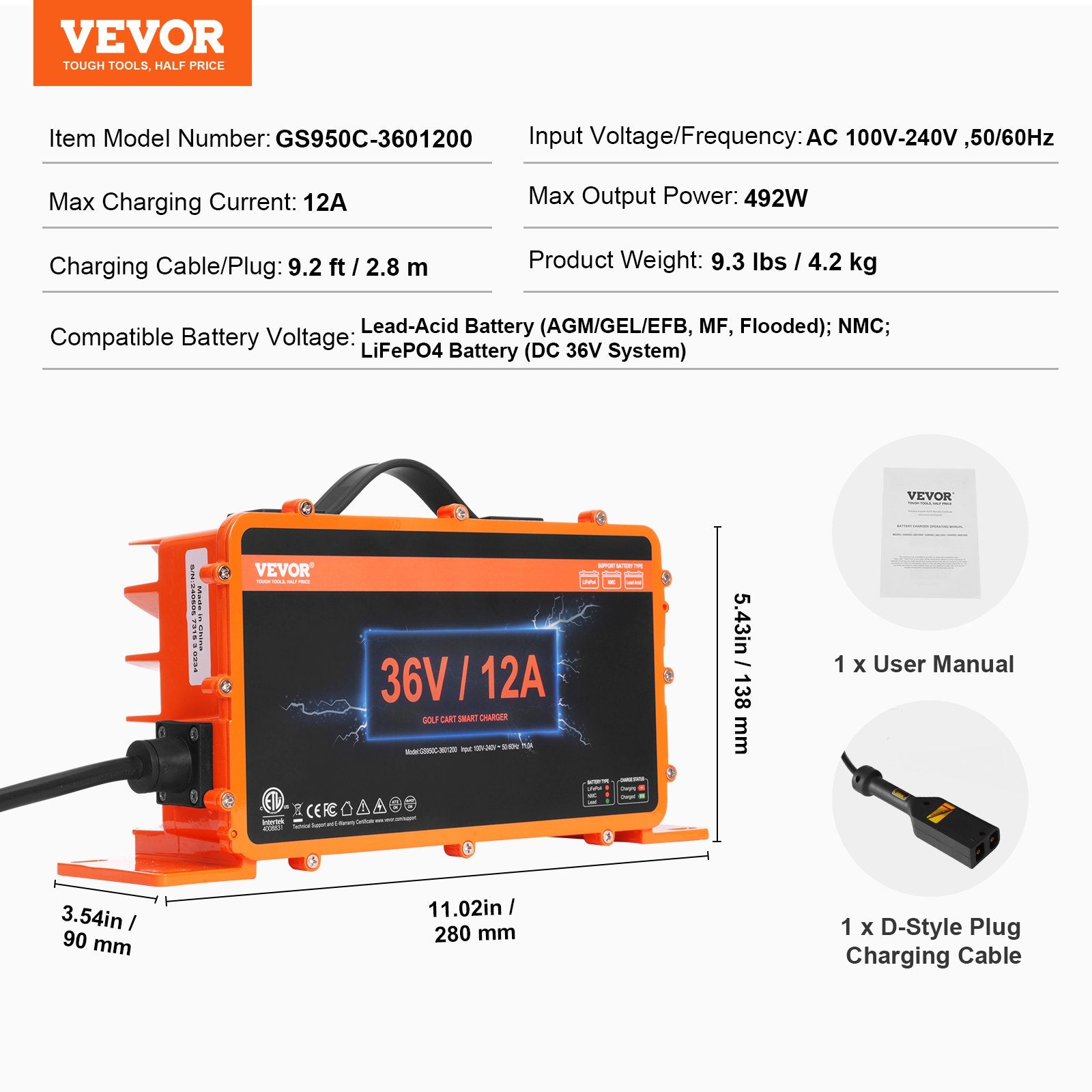 Automotive Repair & Speciality Tools: VEVOR 12 AMP Golf Cart Smart Battery Charger for EZGO D-Style IP67 ETL