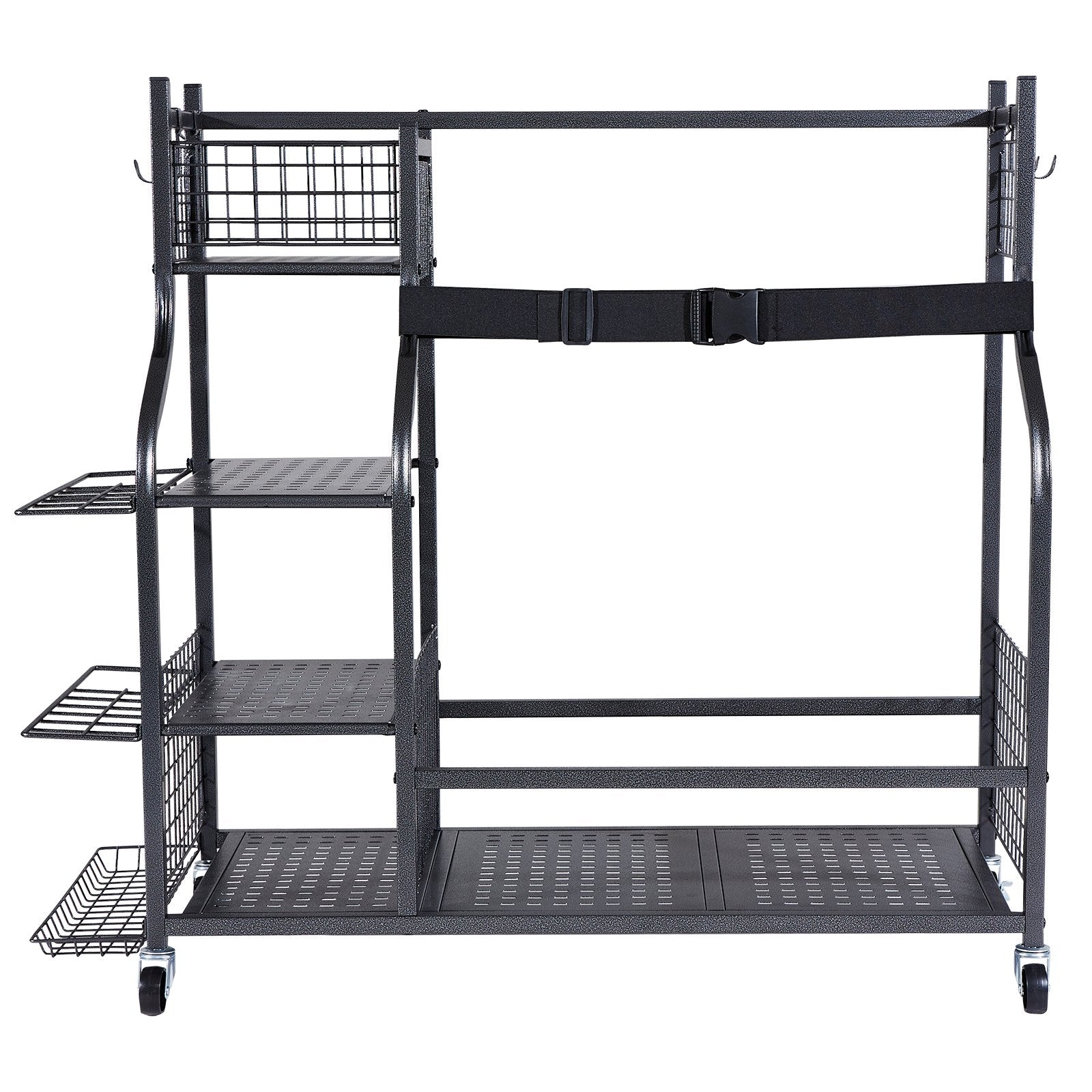 Golf Storage Garage Organizer, 2 Golf Bag Stand Holder and Other Sports Equipment Storage Rack, Rolling Ball Cart on Wheels, Outdoor Sport Gear and Toy Storage with Baskets & Hooks, Steel, Black