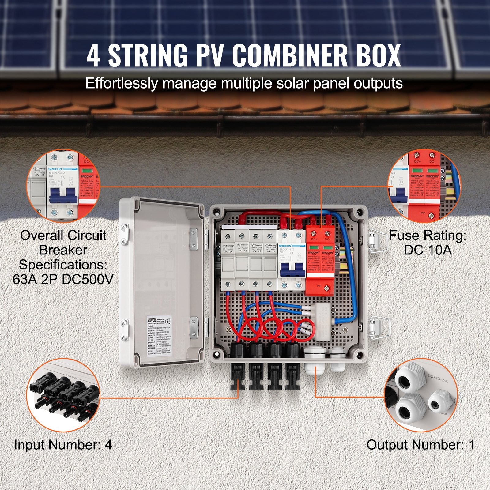 Automotive Repair & Speciality Tools: VEVOR Solar PV Combiner Box 4 String 10A for Solar Panel System ABS Case IP65