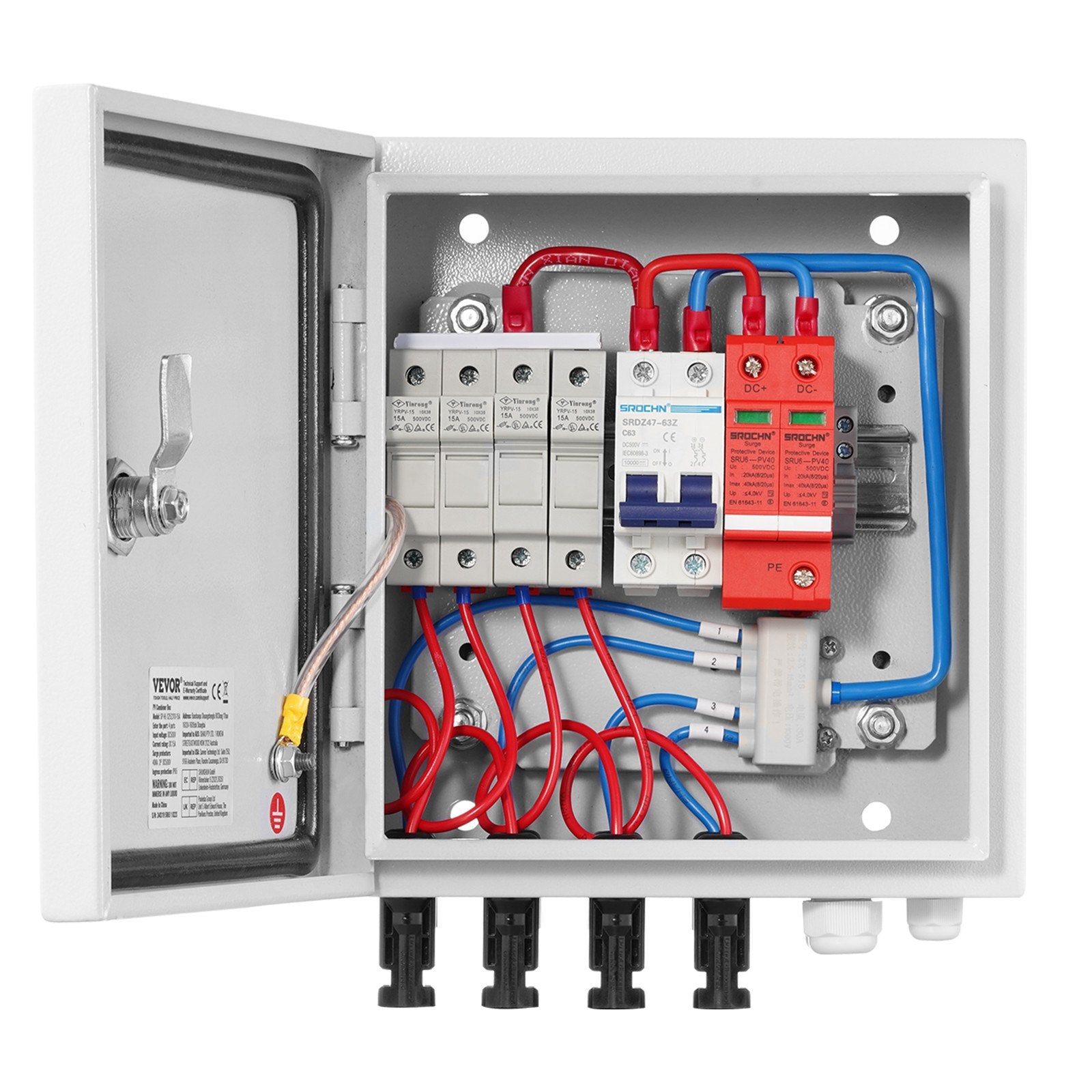 Automotive Repair & Speciality Tools: VEVOR PV Combiner Box, 4 String, Solar Combiner Box with 15A Rated Current Fuse 63A Circuit Breaker Lightning Arrester and Solar Connector, Steel Case for On / Off Grid Solar Panel System, IP65