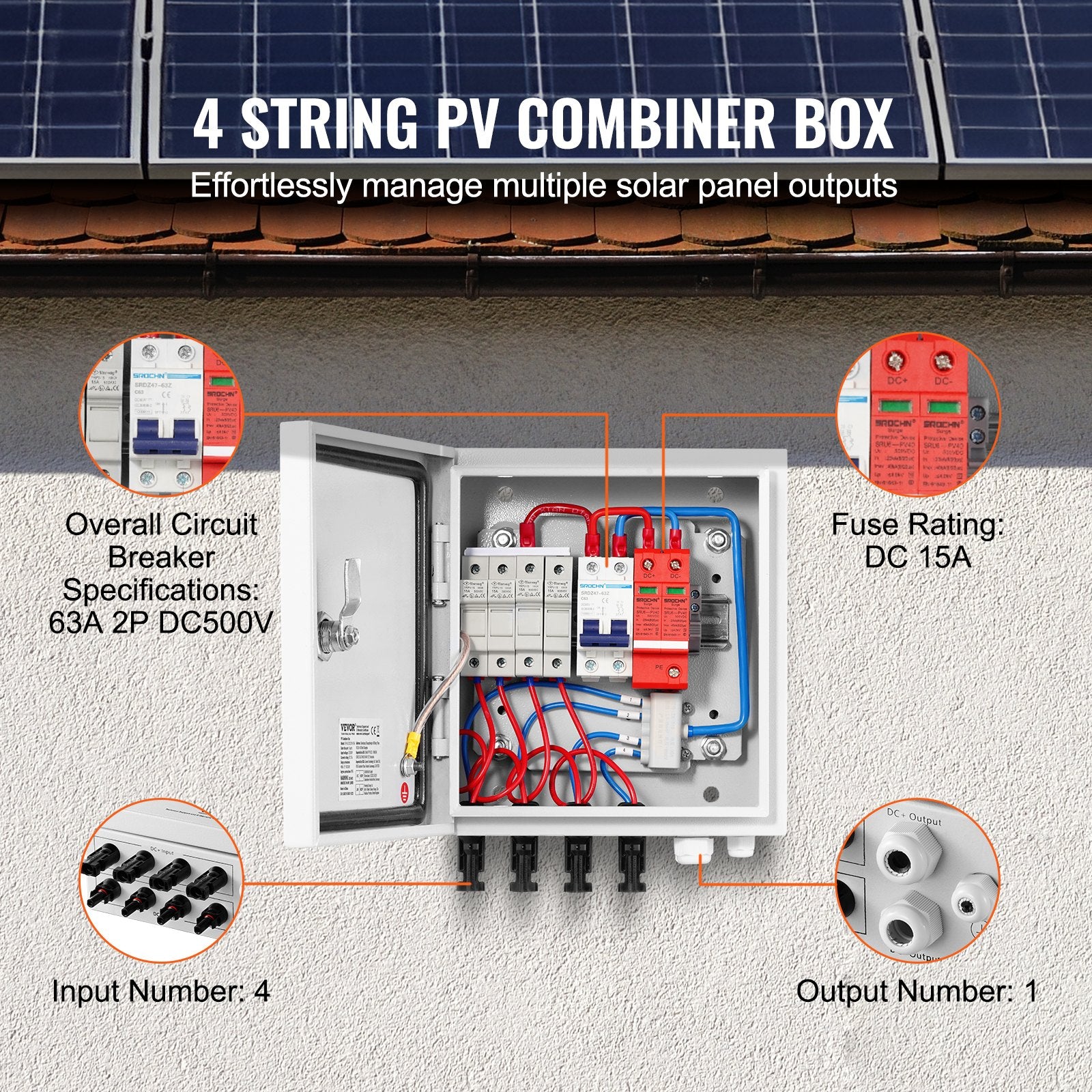 Automotive Repair & Speciality Tools: VEVOR PV Combiner Box, 4 String, Solar Combiner Box with 15A Rated Current Fuse 63A Circuit Breaker Lightning Arrester and Solar Connector, Steel Case for On / Off Grid Solar Panel System, IP65
