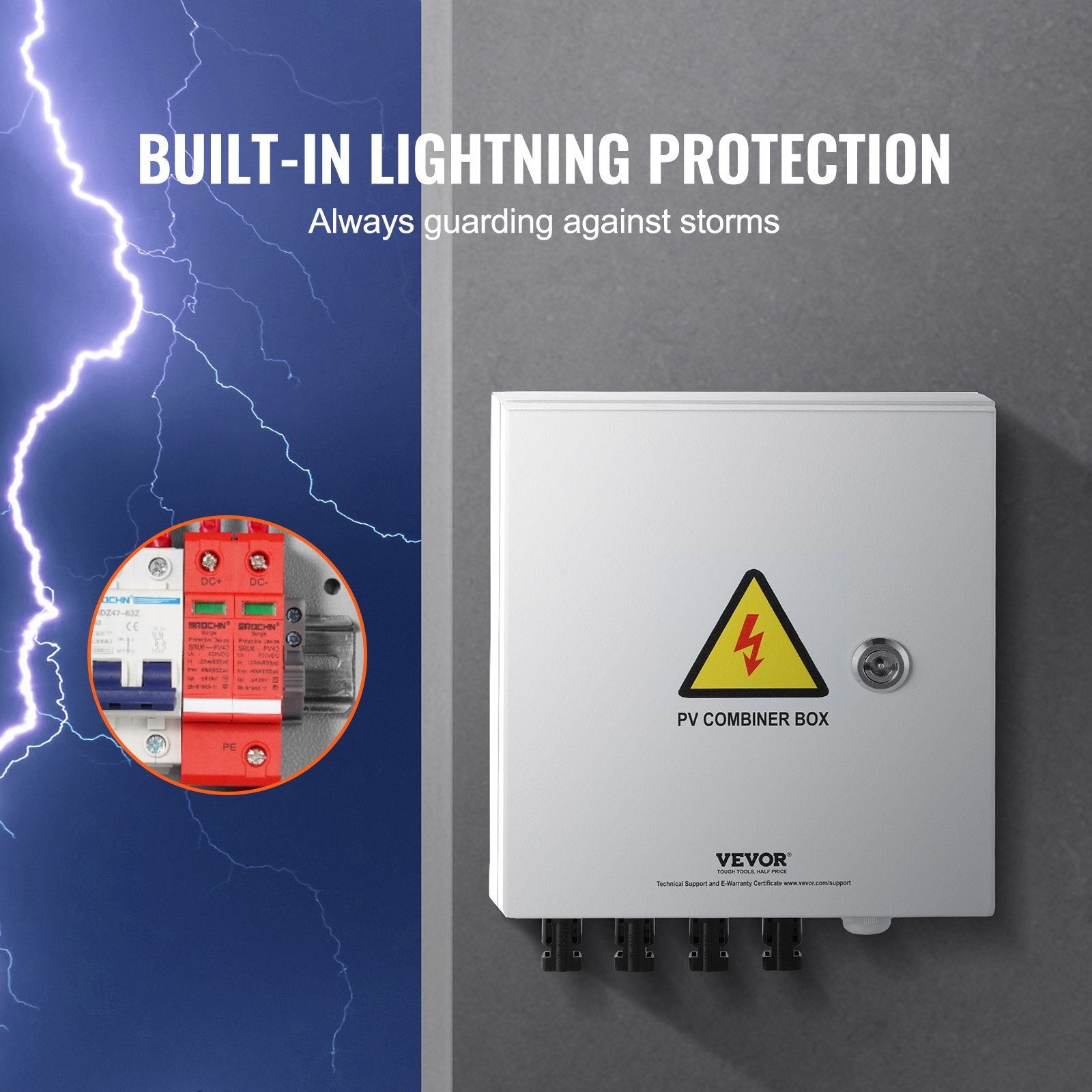 Automotive Repair & Speciality Tools: VEVOR PV Combiner Box, 4 String, Solar Combiner Box with 15A Rated Current Fuse 63A Circuit Breaker Lightning Arrester and Solar Connector, Steel Case for On / Off Grid Solar Panel System, IP65