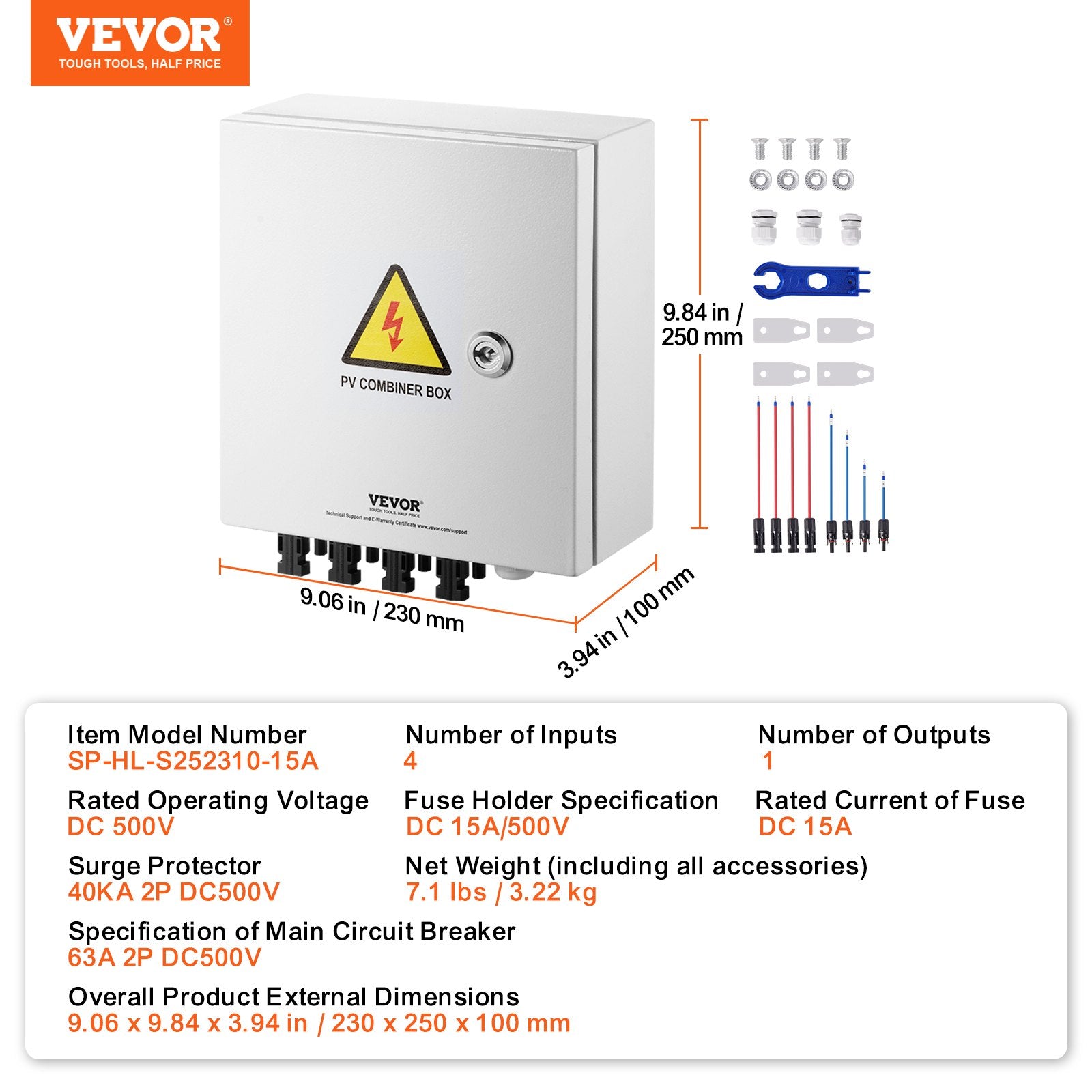Automotive Repair & Speciality Tools: VEVOR PV Combiner Box, 4 String, Solar Combiner Box with 15A Rated Current Fuse 63A Circuit Breaker Lightning Arrester and Solar Connector, Steel Case for On / Off Grid Solar Panel System, IP65