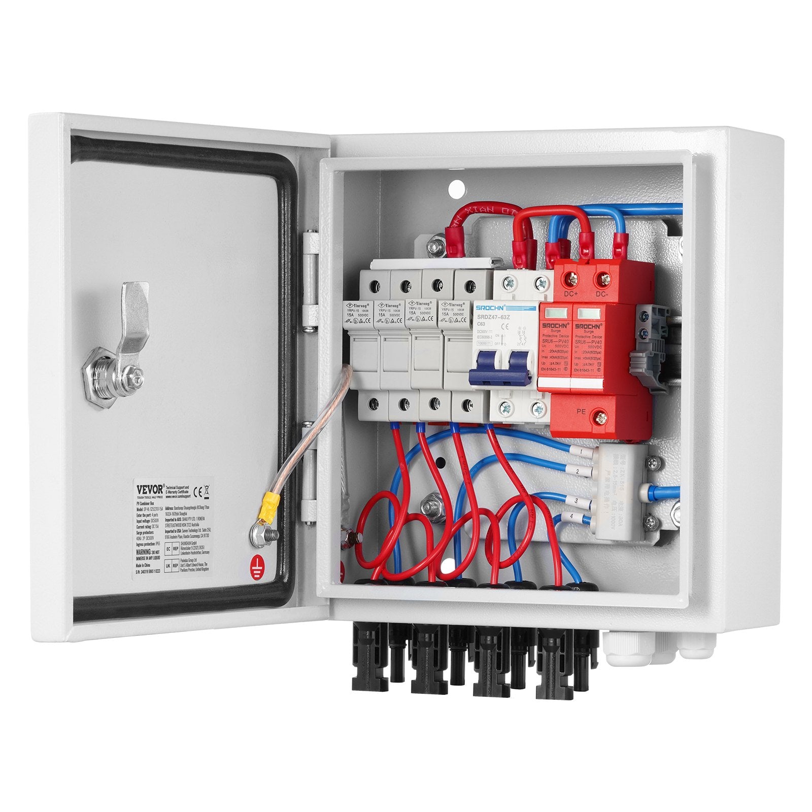 Automotive Repair & Speciality Tools: VEVOR PV Combiner Box, 4 String, Solar Combiner Box with 15A Rated Current Fuse 63A Circuit Breaker Lightning Arrester and Solar Connector, Steel Case for On / Off Grid Solar Panel System, IP65