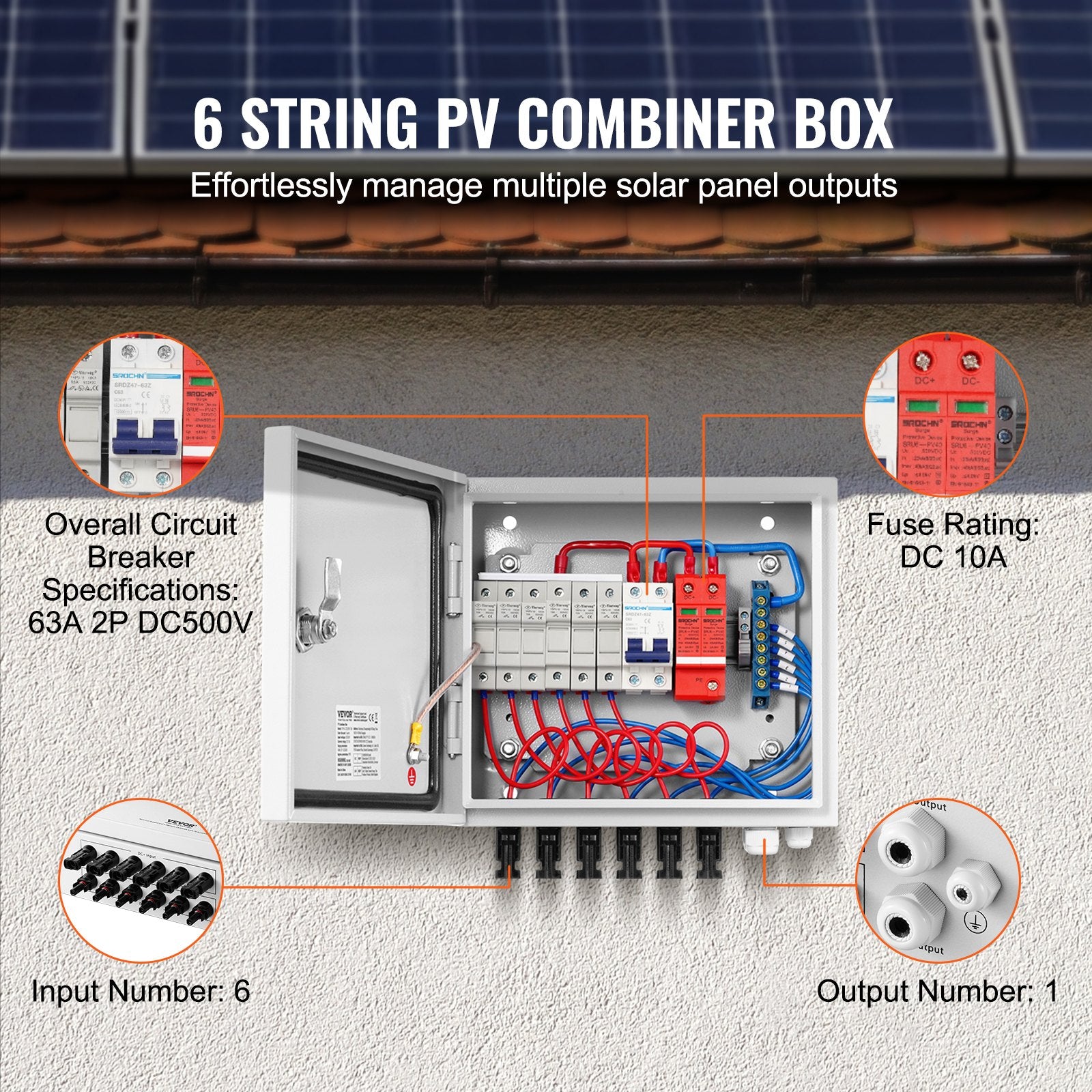 Automotive Repair & Speciality Tools: VEVOR Solar PV Combiner Box 6 String 10A for Solar Panel System Steel Case IP65