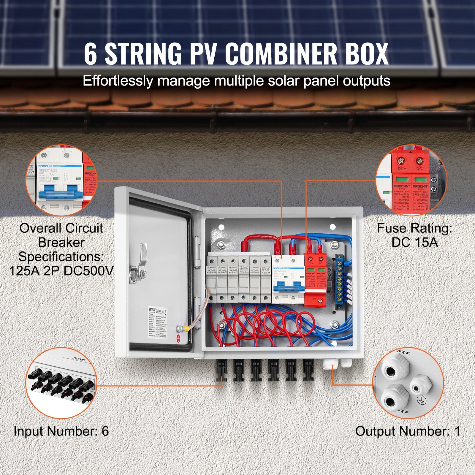 Automotive Repair & Speciality Tools: VEVOR Solar PV Combiner Box 6 String 15A for Solar Panel System Steel Case IP65