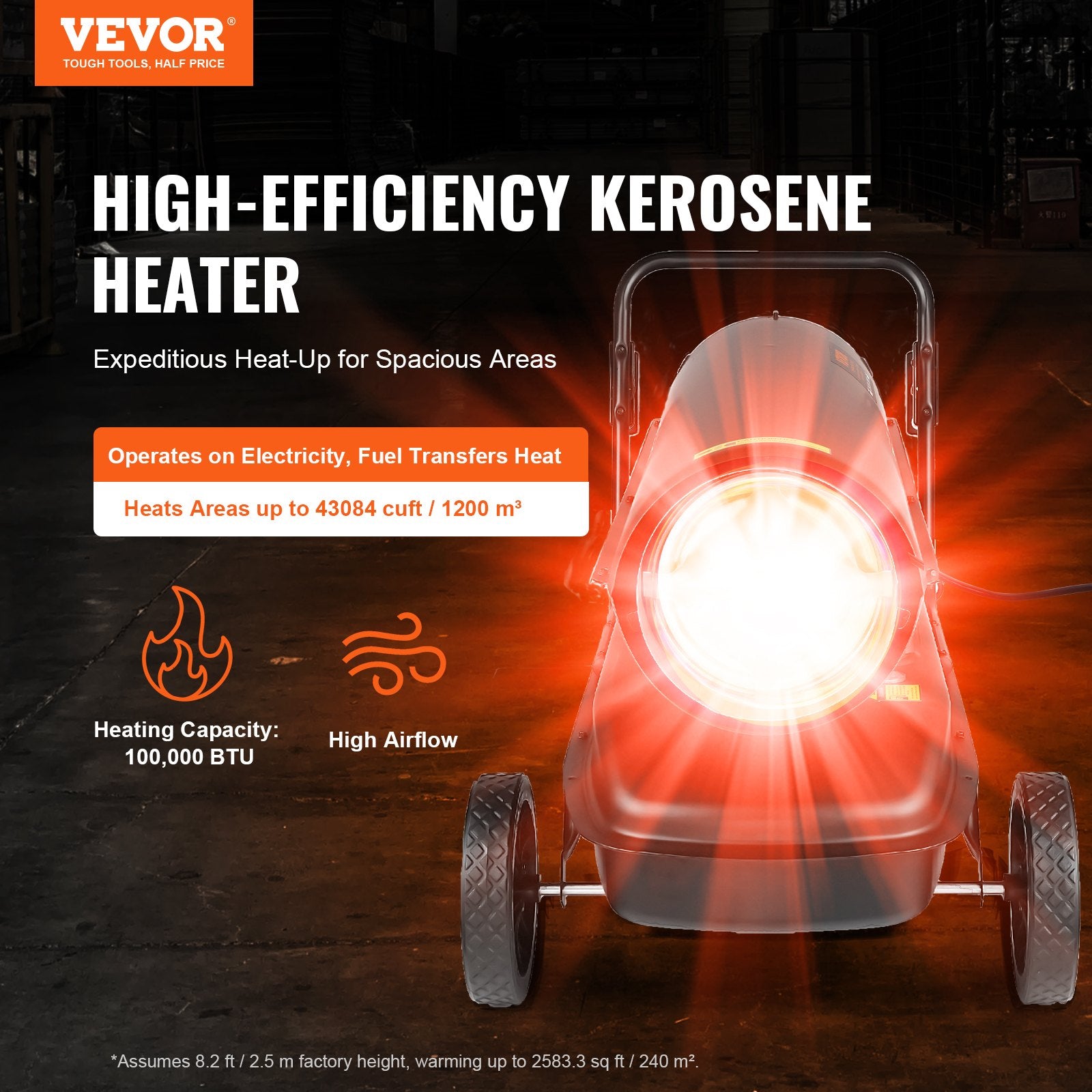 Fuel & Exhaust: VEVOR 100000Btu Kerosene/Diesel Forced Air Torpedo Space Heater with Thermostat