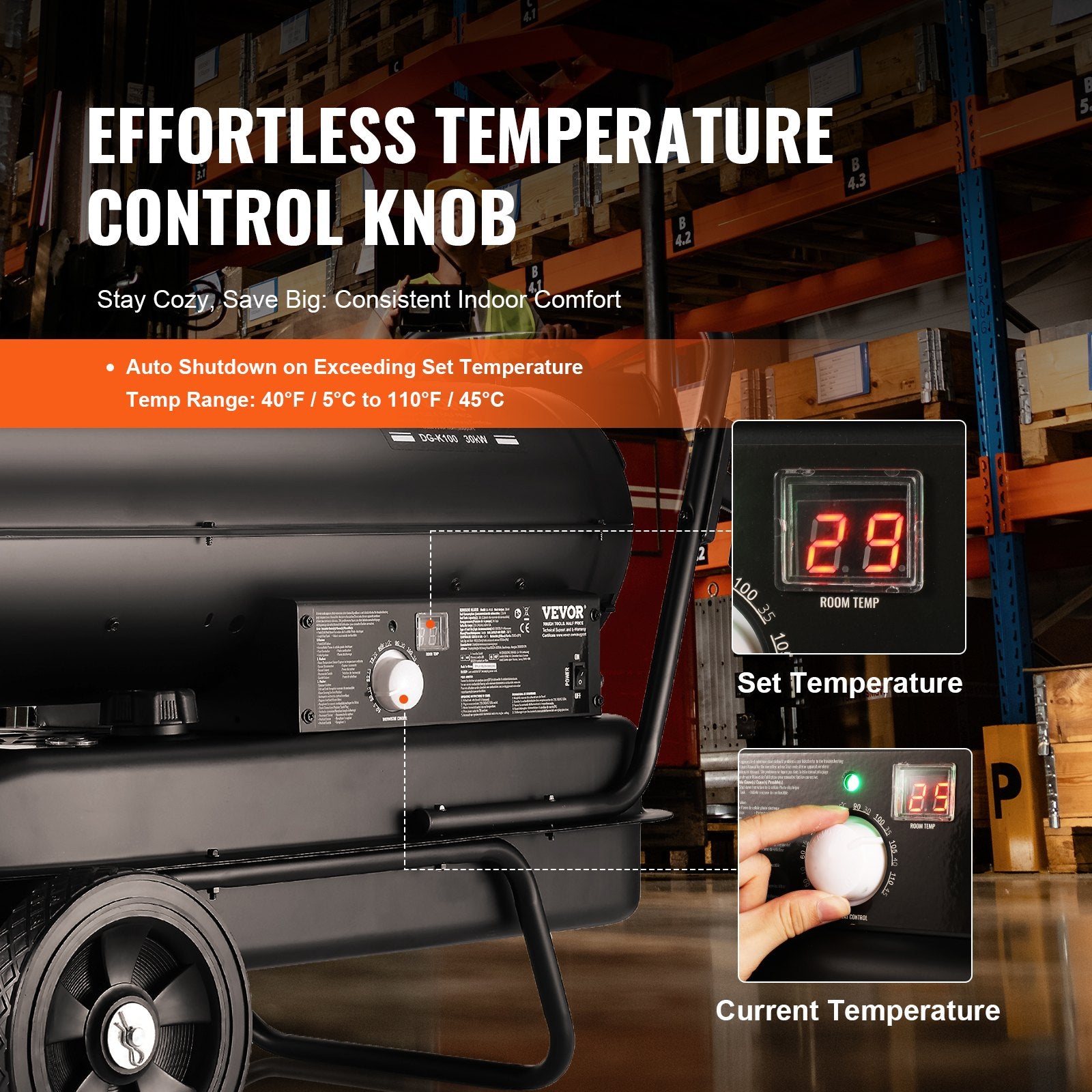 Fuel & Exhaust: VEVOR 100000Btu Kerosene/Diesel Forced Air Torpedo Space Heater with Thermostat