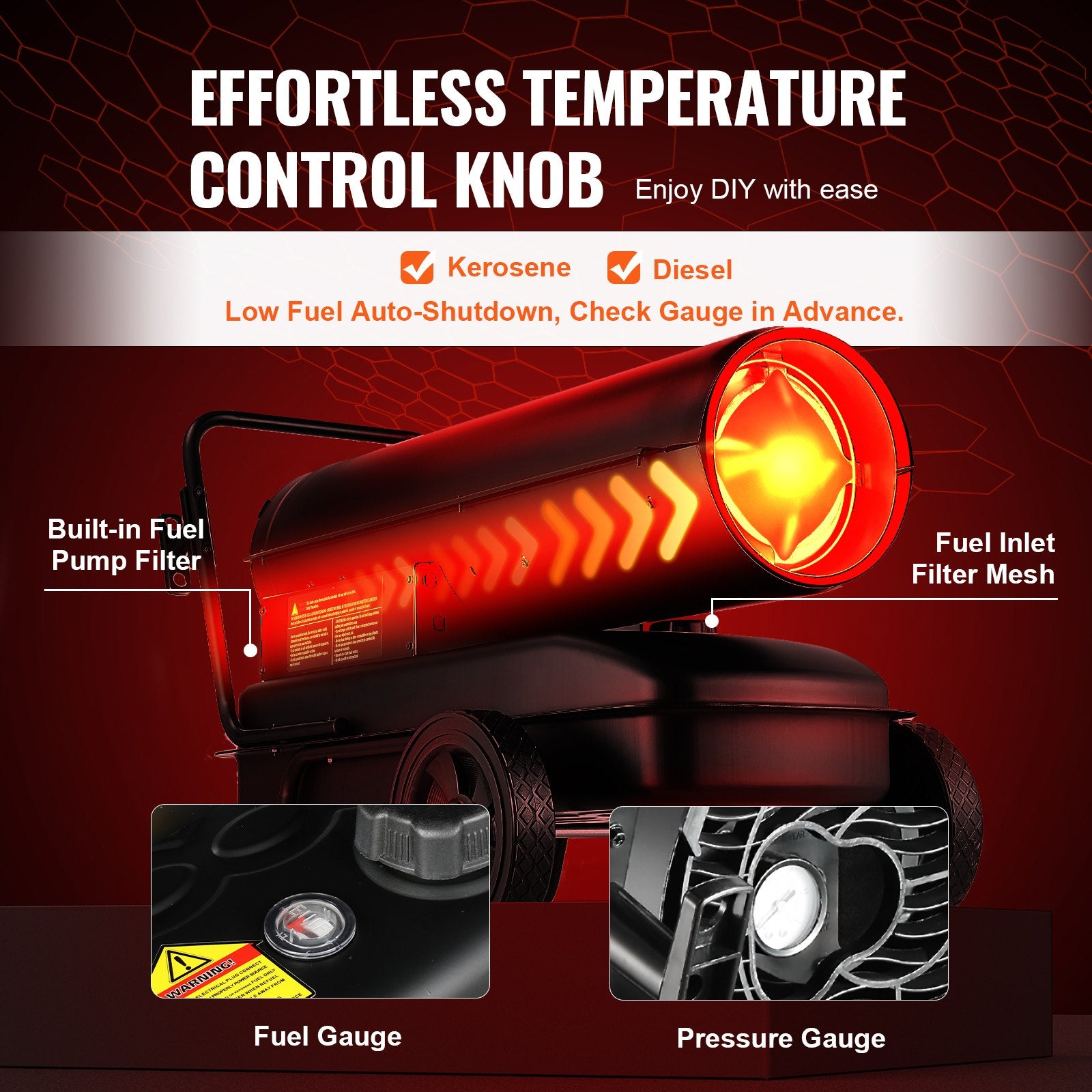 Fuel & Exhaust: VEVOR 100000Btu Kerosene/Diesel Forced Air Torpedo Space Heater with Thermostat