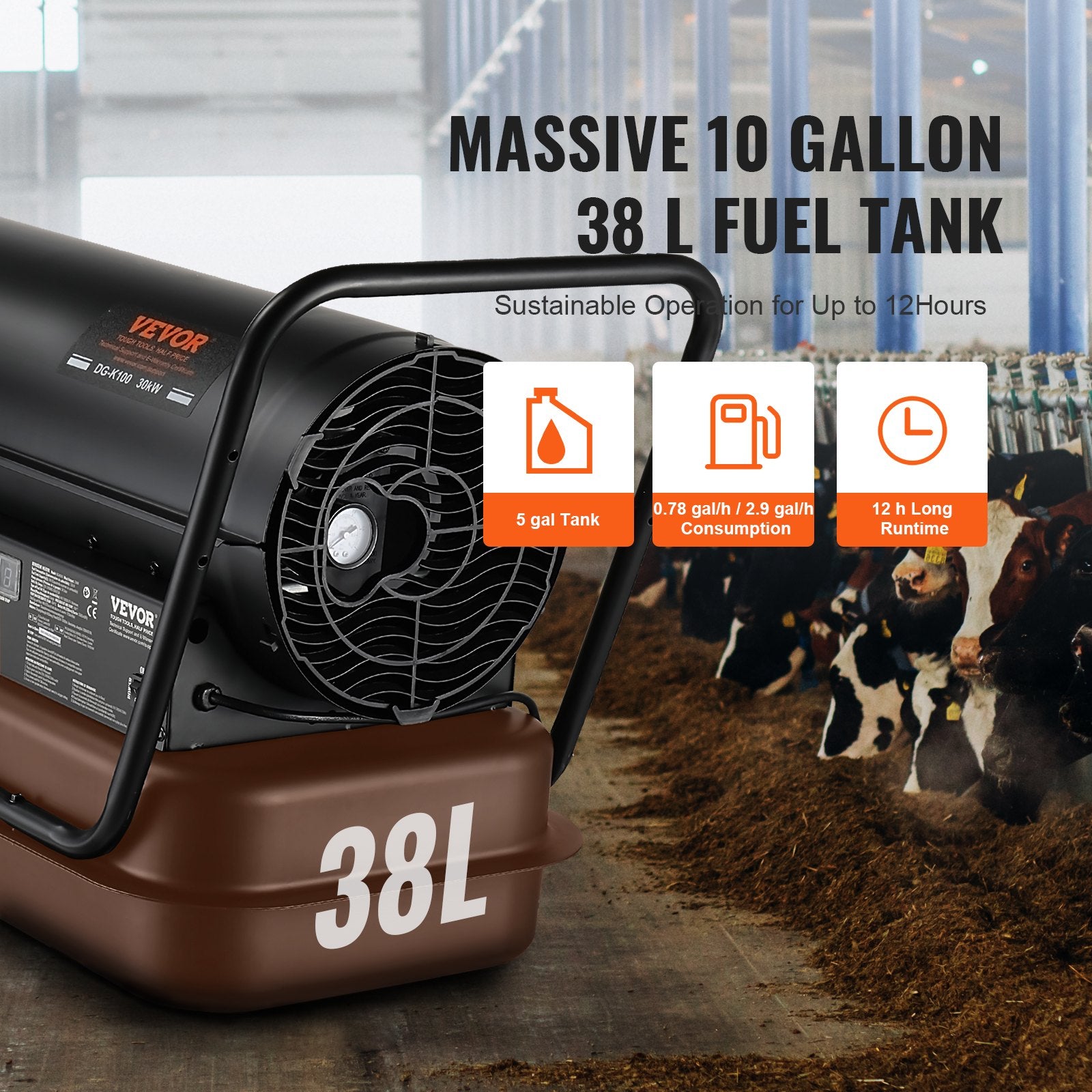 Fuel & Exhaust: VEVOR 100000Btu Kerosene/Diesel Forced Air Torpedo Space Heater with Thermostat