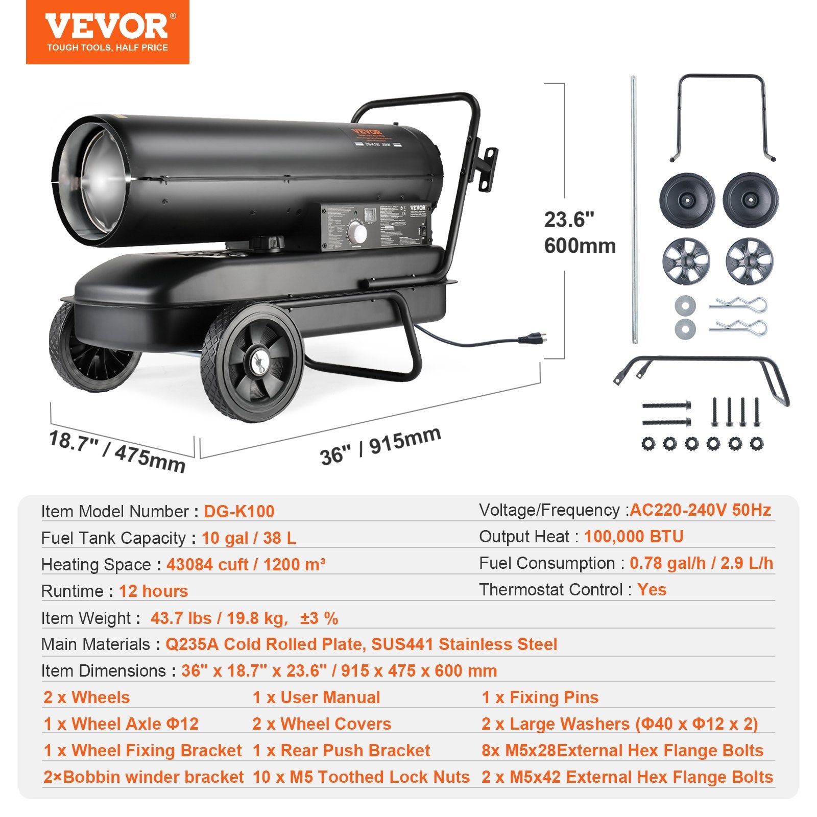 Fuel & Exhaust: VEVOR 100000Btu Kerosene/Diesel Forced Air Torpedo Space Heater with Thermostat