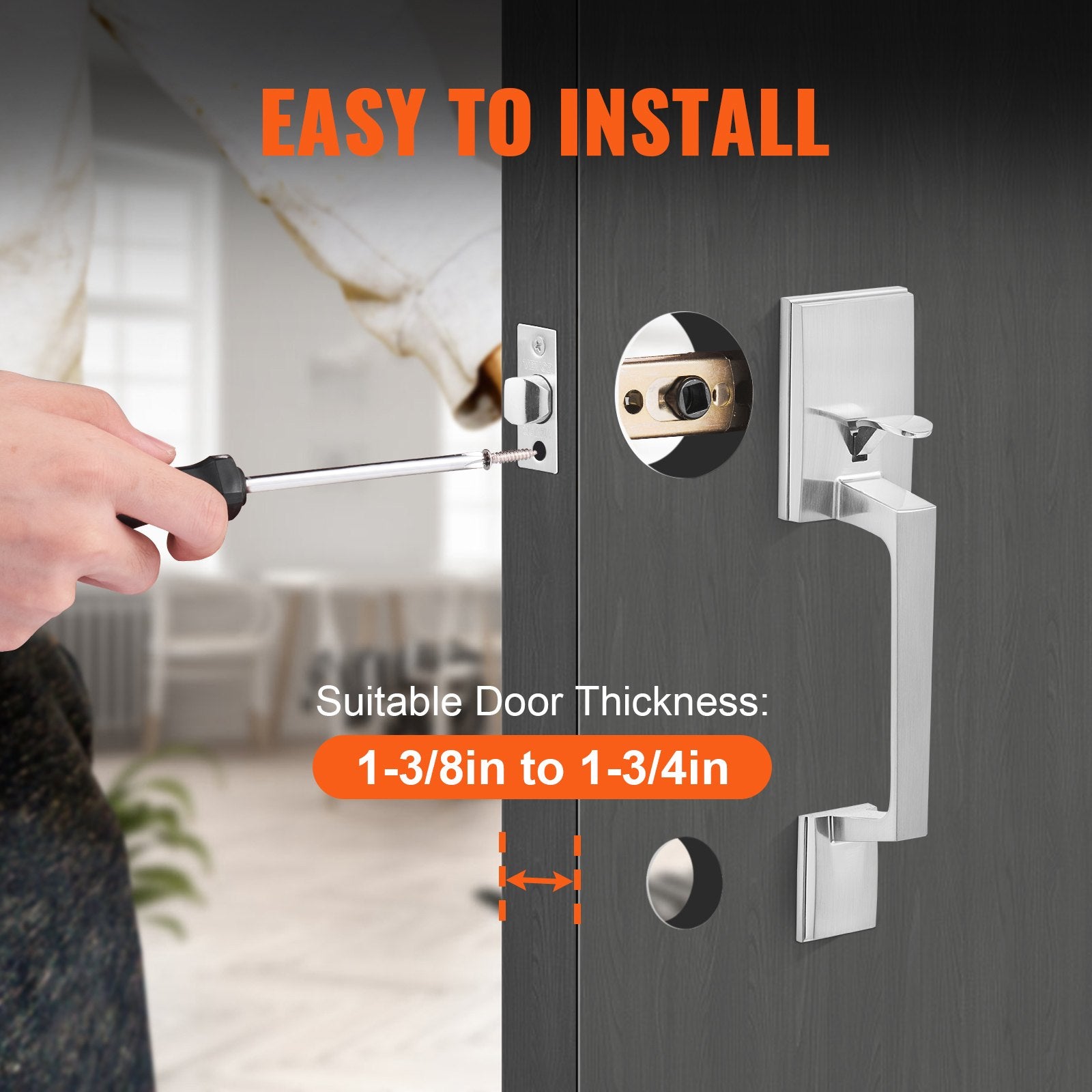 Door Hardware: VEVOR Entry Door Handle, Satin Nickel Square Handle Set with Lever Door Handle No Lock, Adjustable Hole Space, Front Door Handle with Reversible for Right and Left Handed Entrance and Front Door