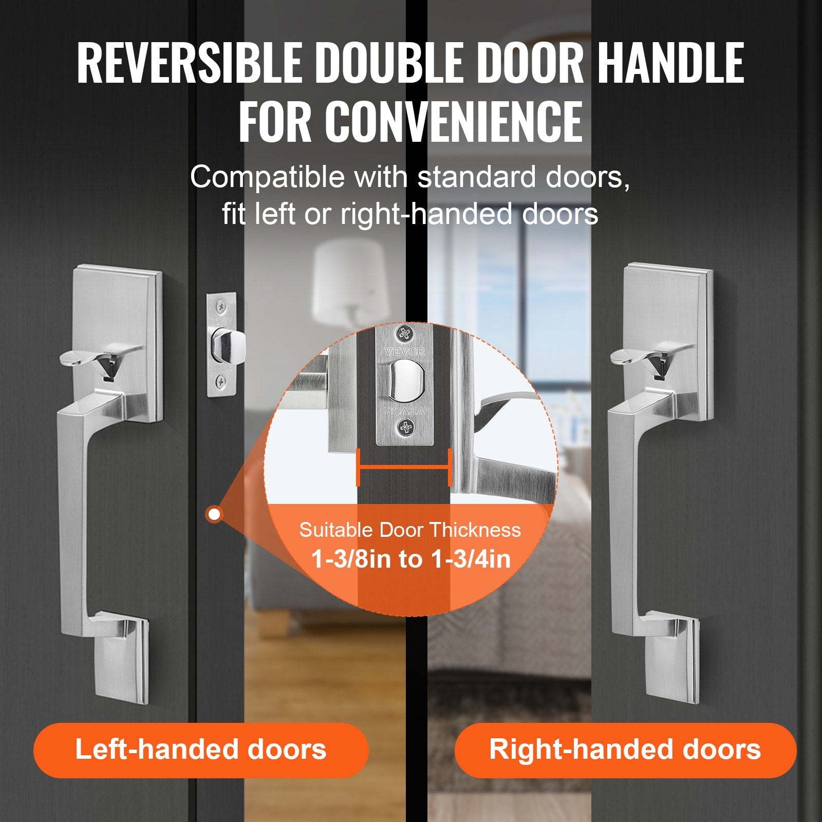 Door Hardware: VEVOR Entry Door Handle, Satin Nickel Square Handle Set with Lever Door Handle No Lock, Adjustable Hole Space, Front Door Handle with Reversible for Right and Left Handed Entrance and Front Door
