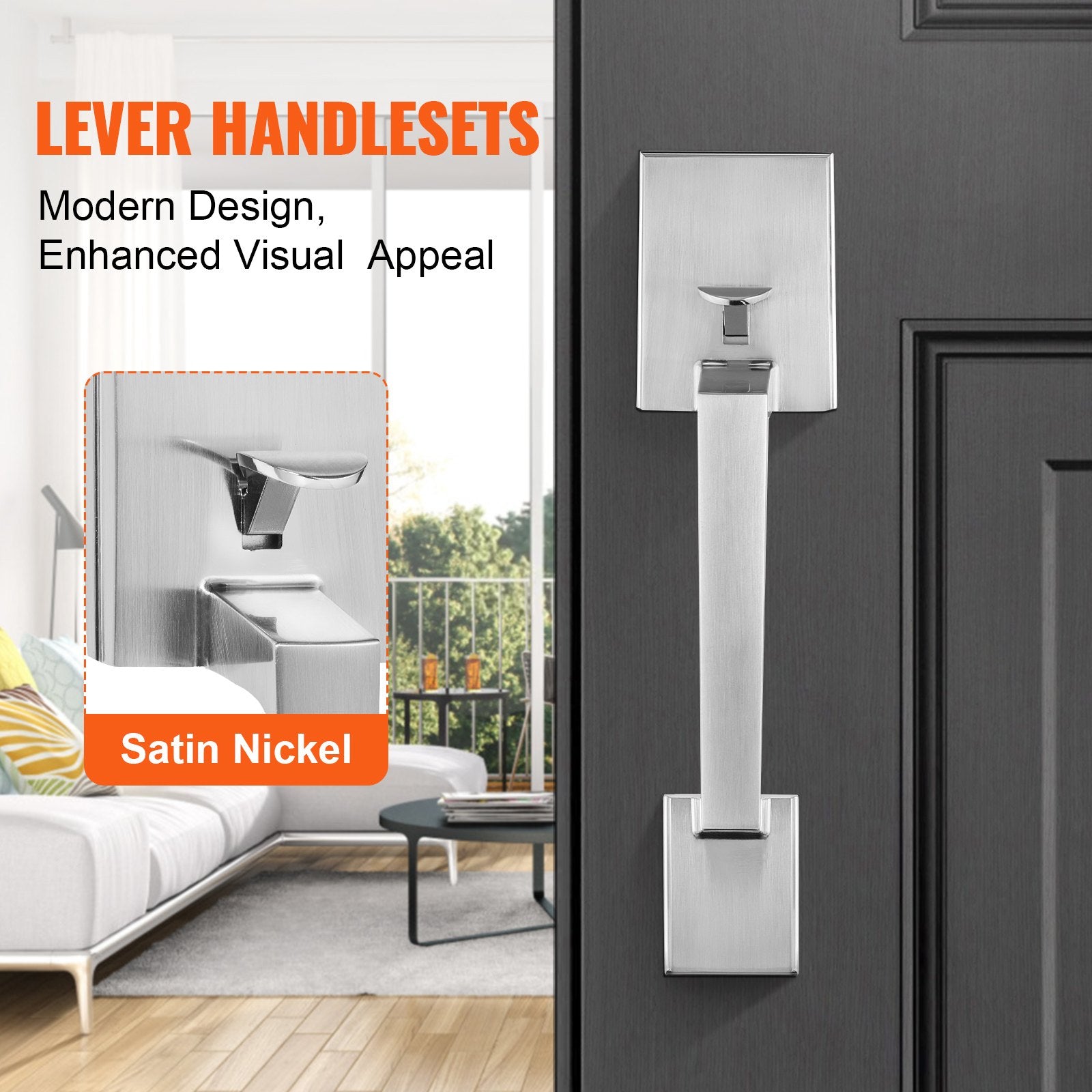 Door Hardware: VEVOR Entry Door Handle, Satin Nickel Square Handle Set with Lever Door Handle No Lock, Adjustable Hole Space, Front Door Handle with Reversible for Right and Left Handed Entrance and Front Door