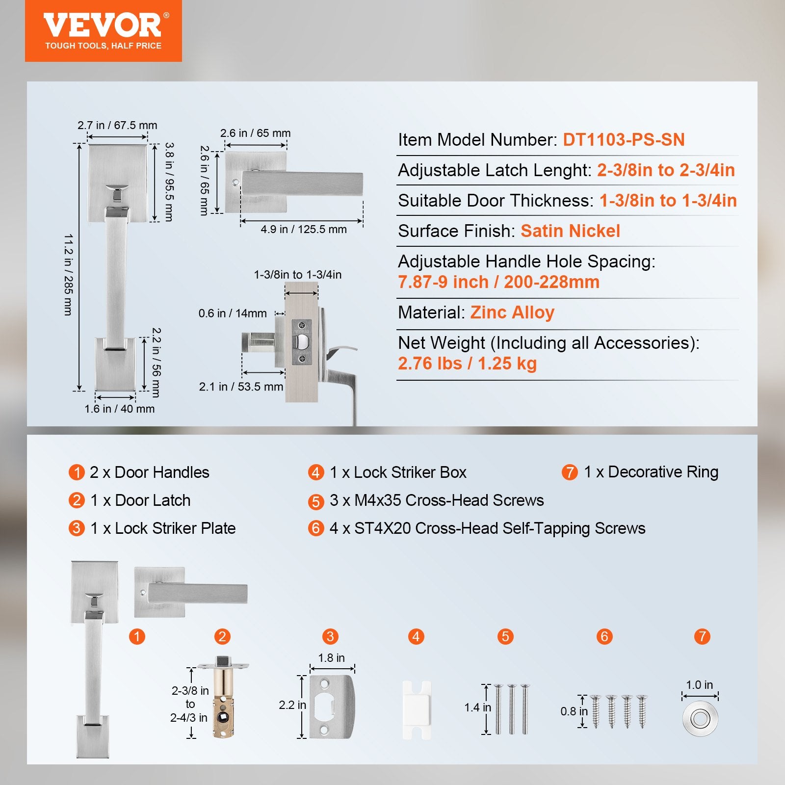 Door Hardware: VEVOR Entry Door Handle, Satin Nickel Square Handle Set with Lever Door Handle No Lock, Adjustable Hole Space, Front Door Handle with Reversible for Right and Left Handed Entrance and Front Door